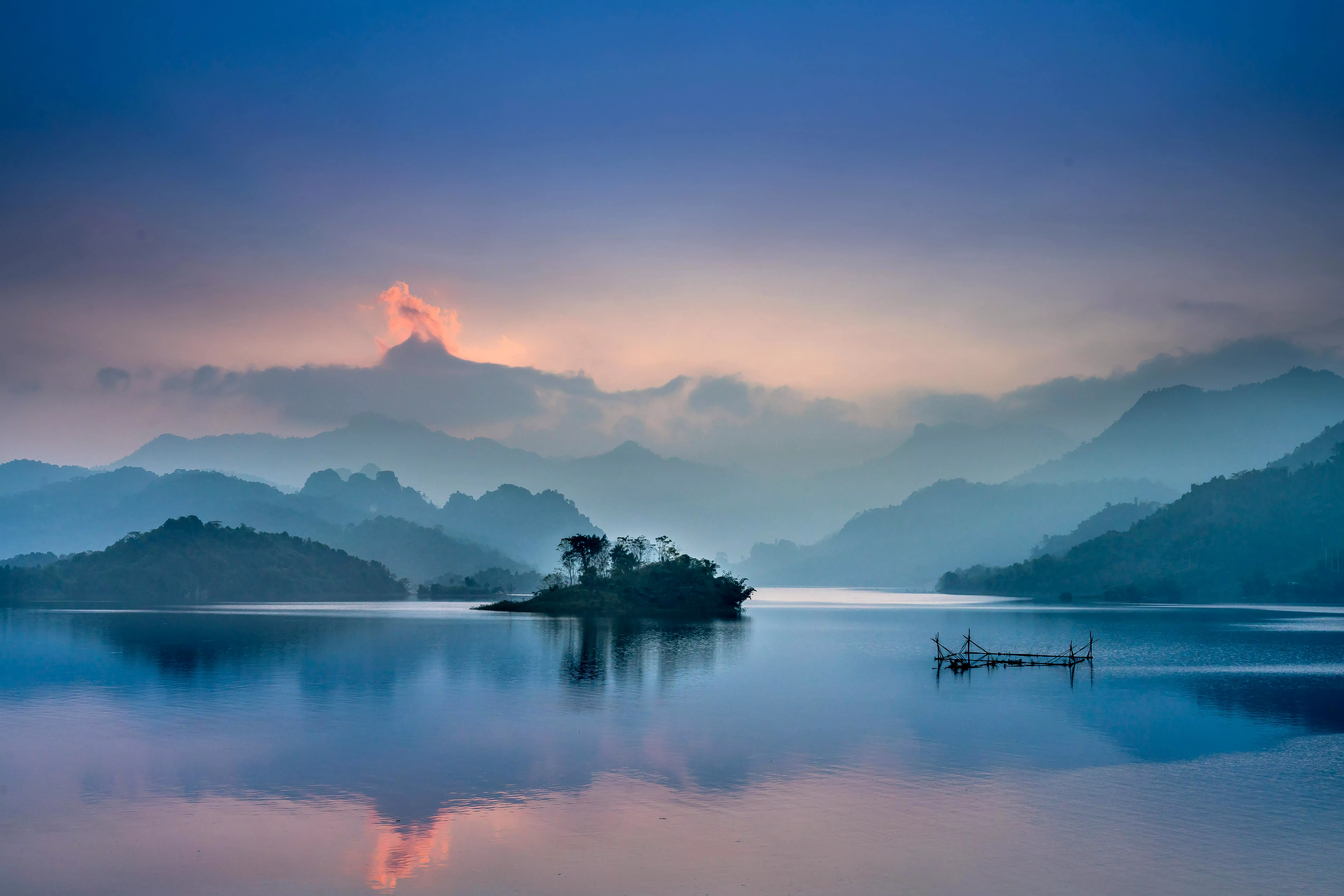 Fog on the Lake by the Forest at Dawn