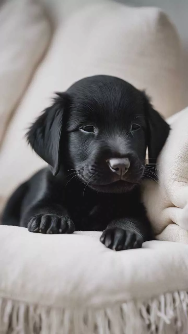 A tiny newborn black labrador puppy
