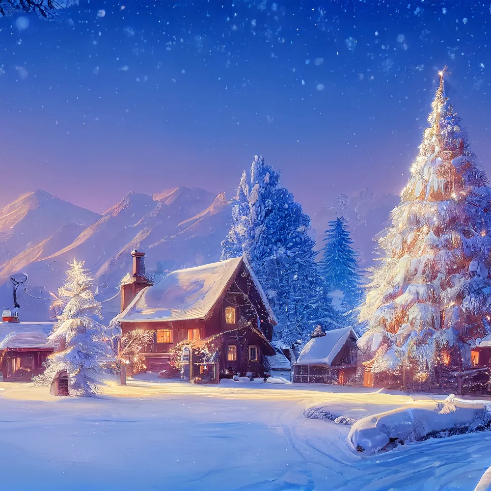 Photo Backdrop Winter Snowy Cabin