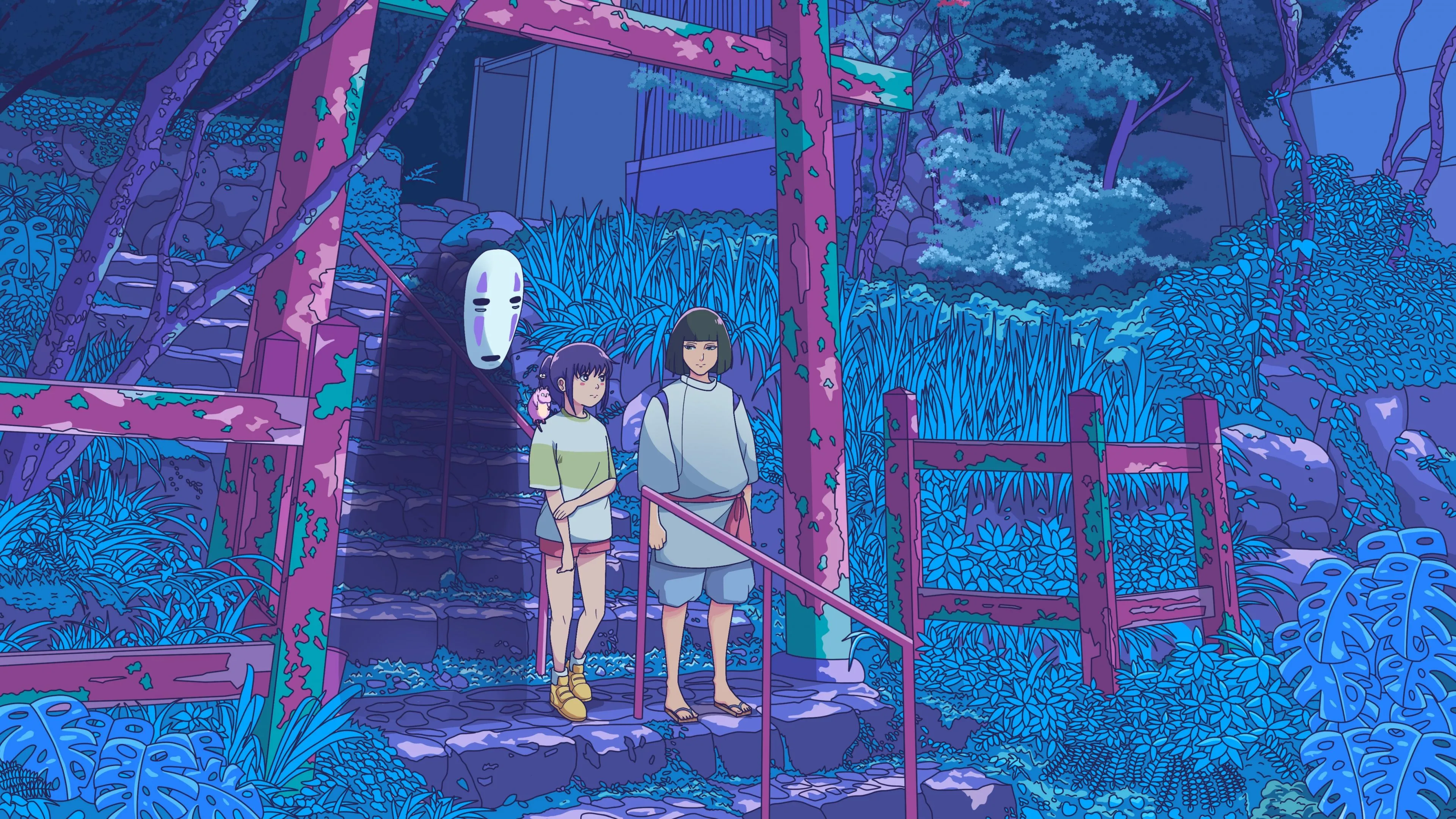 Spirited Away Wallpaper 4K, Fan Art, Vaporwave, Haku, Chihiro