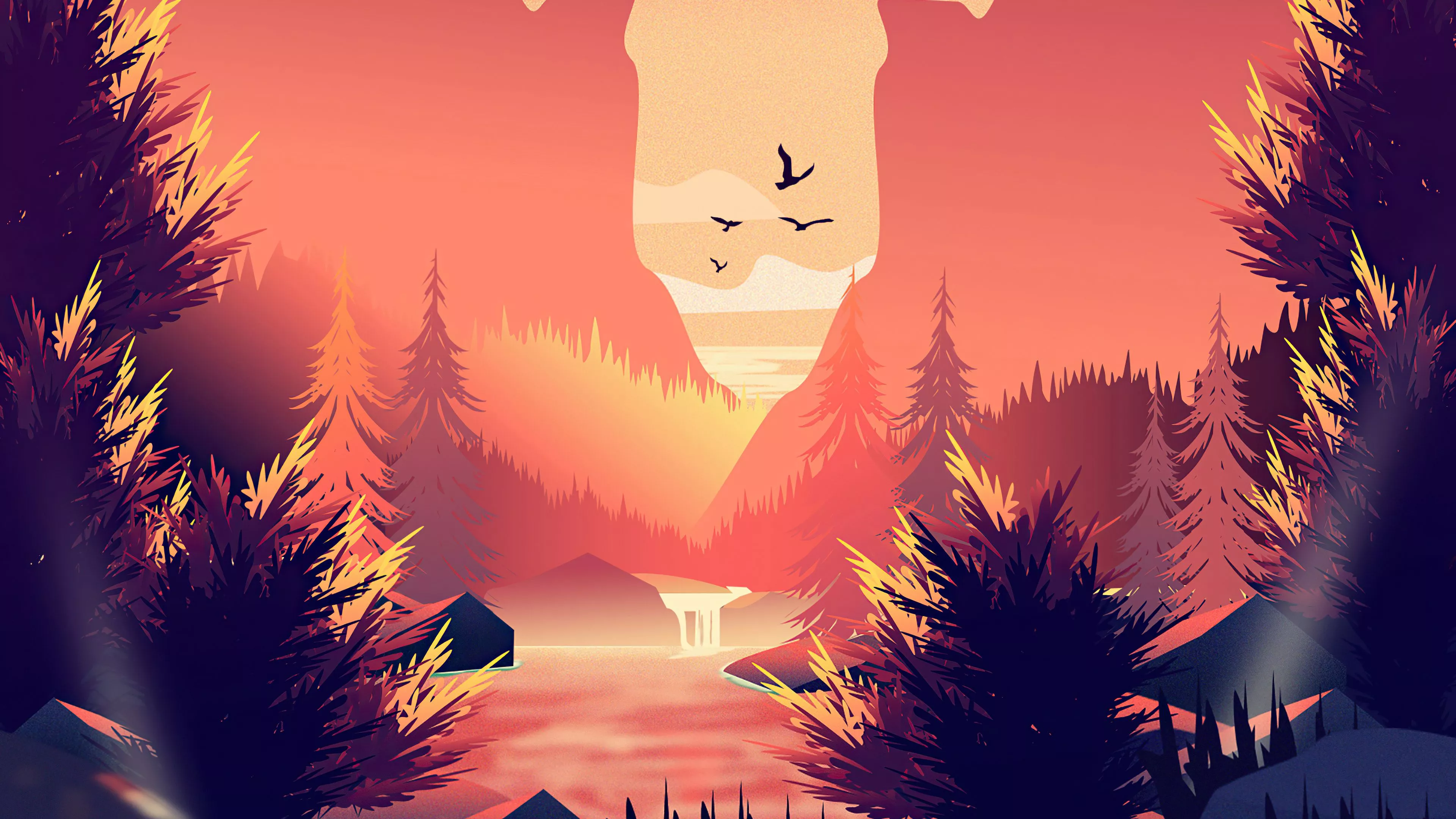 Forest Waterfall Minimal 4k