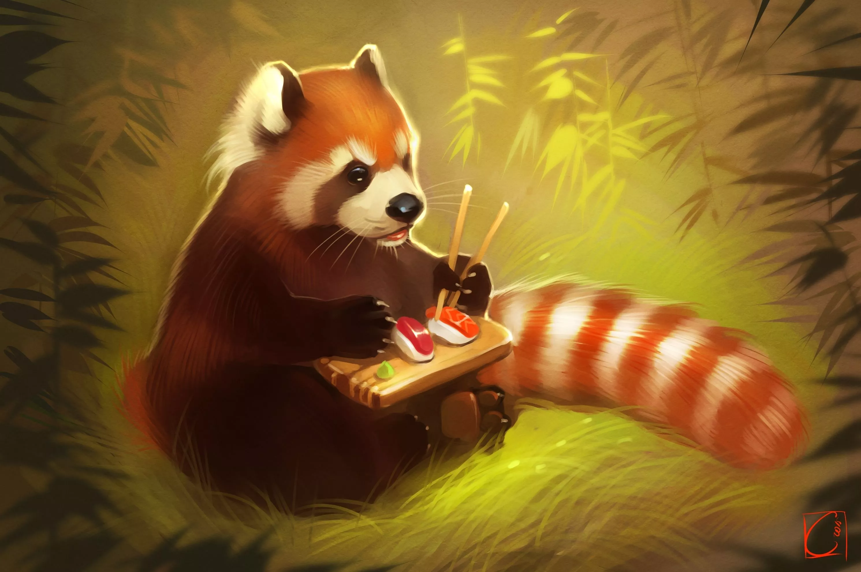 Wallpaper bear, art, Panda, sushi, red
