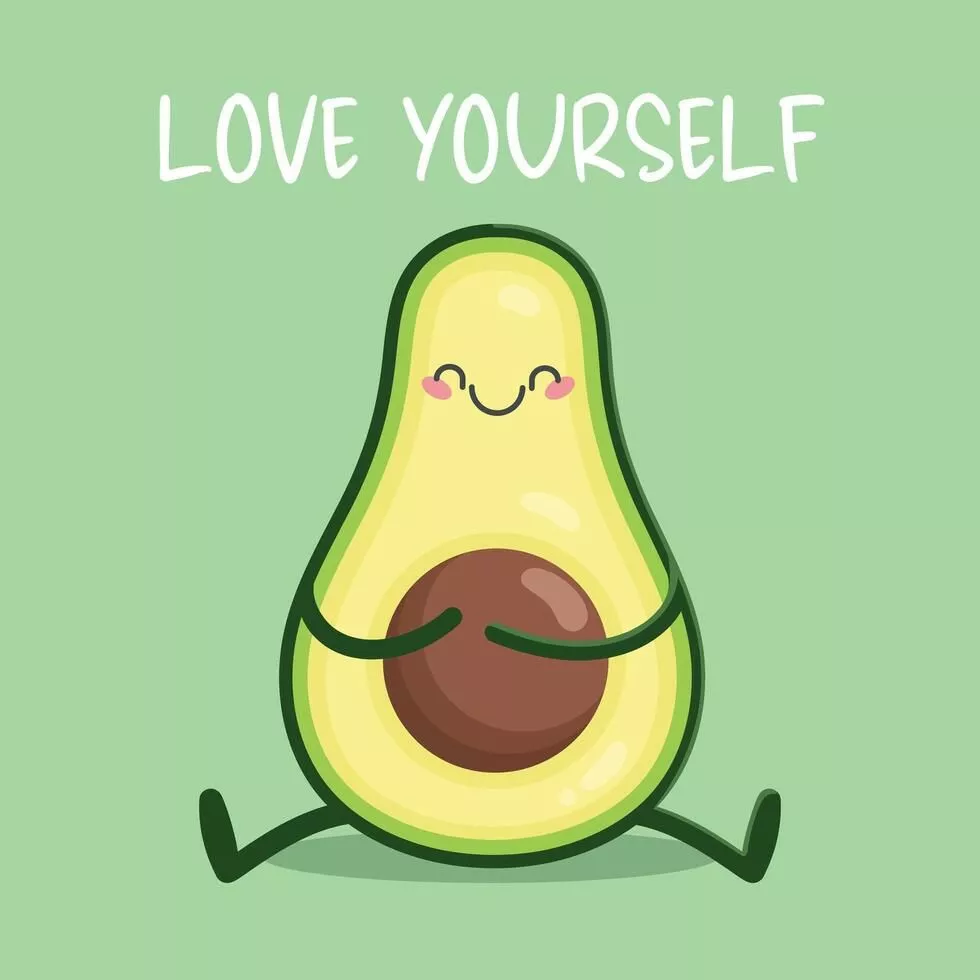 Cute cartoon Avocado character hugging himself. Love yourself motivational quote. illustration