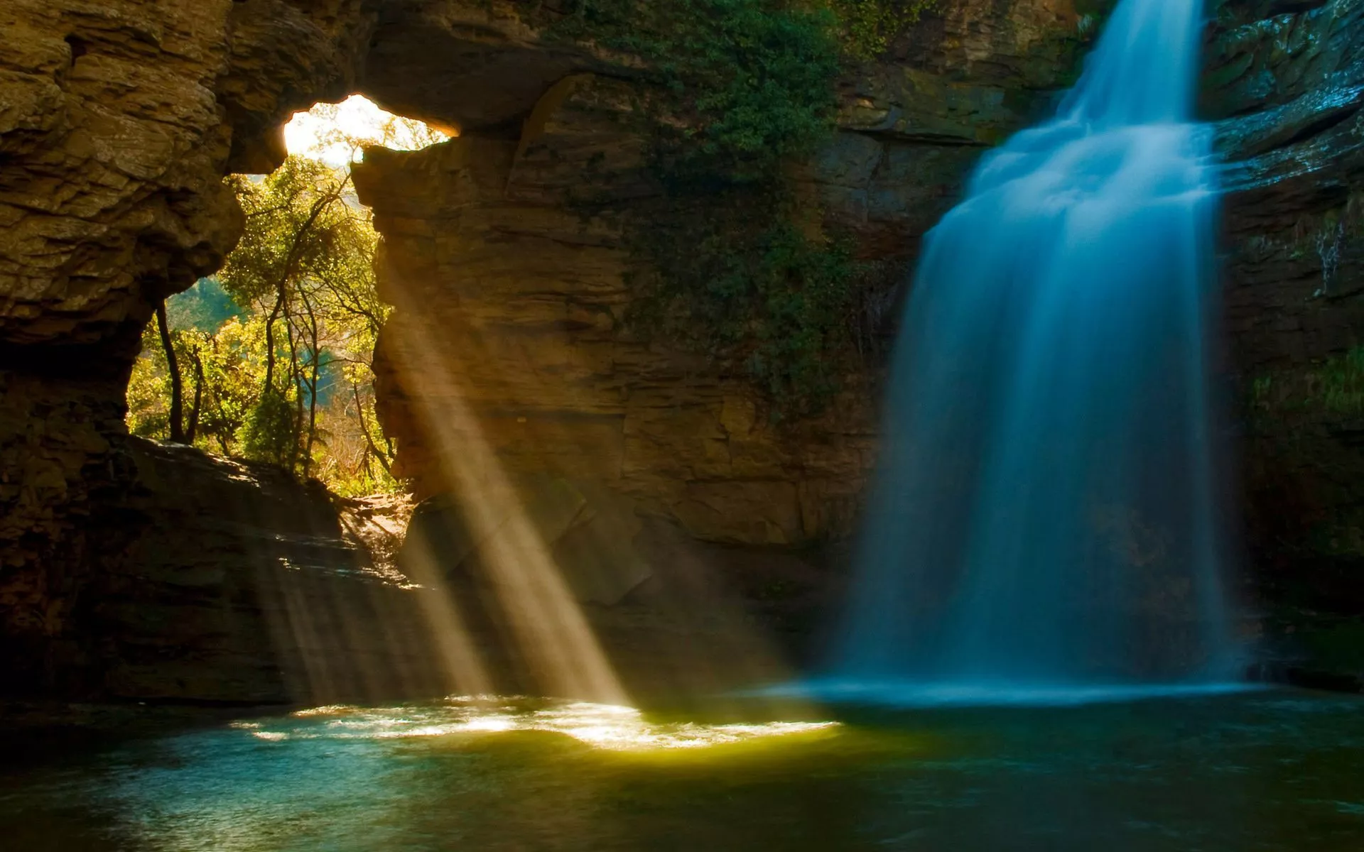 Caves, Waterfall, Earth, Cave, Sunbeam