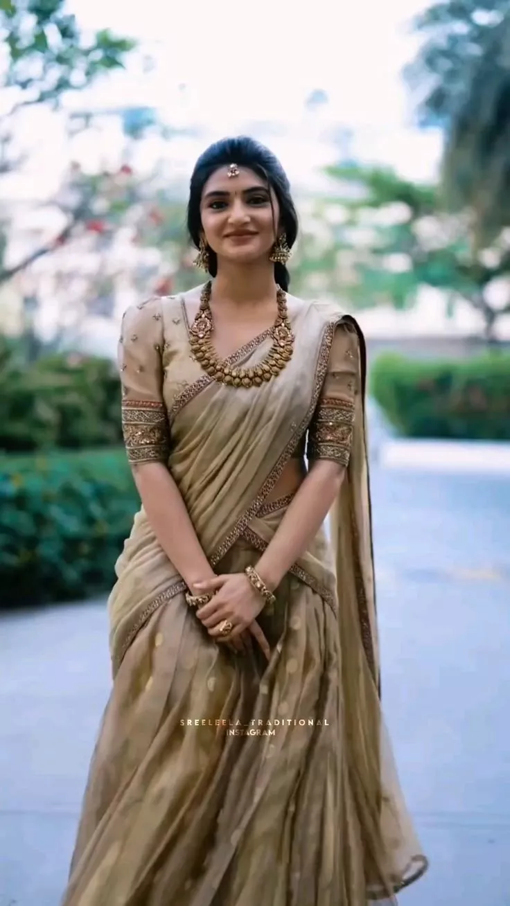 SreeLeela in a Golden Half Saree
