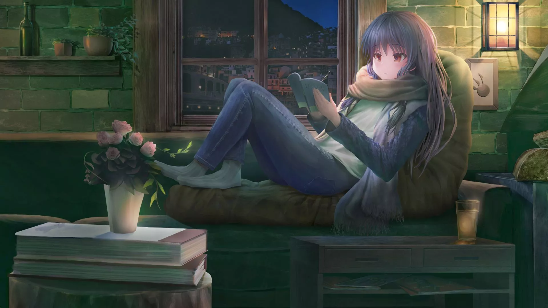 Book Lights Window HD Anime Girl