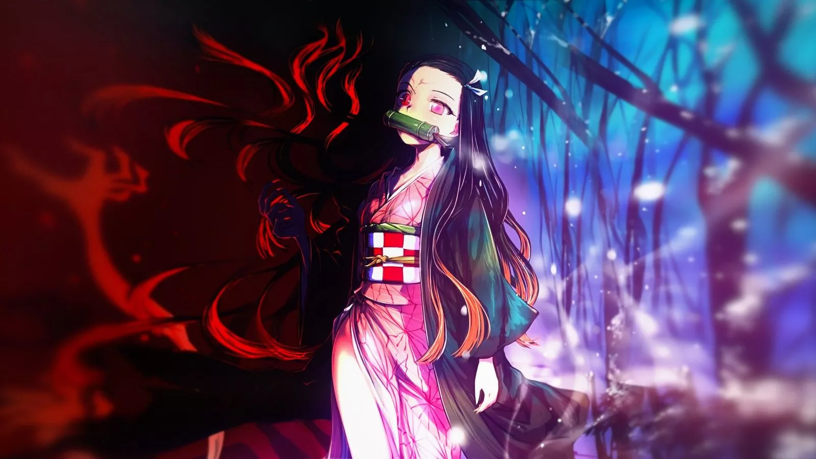 Demon Slayer Nezuko Kamado With Background Of Red Black And Blue Abstract HD Anime Wallpaper