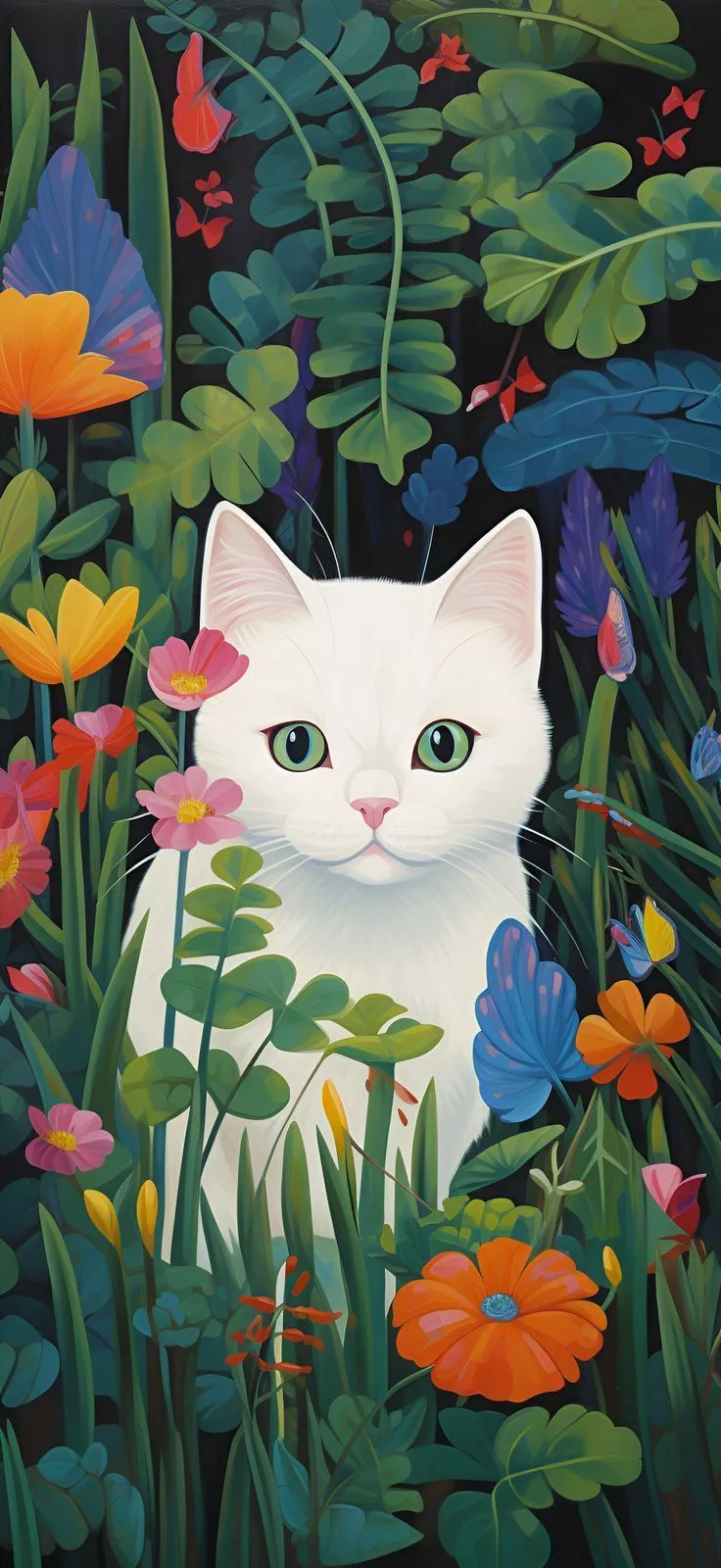 White Cat Prowling Through Greenery