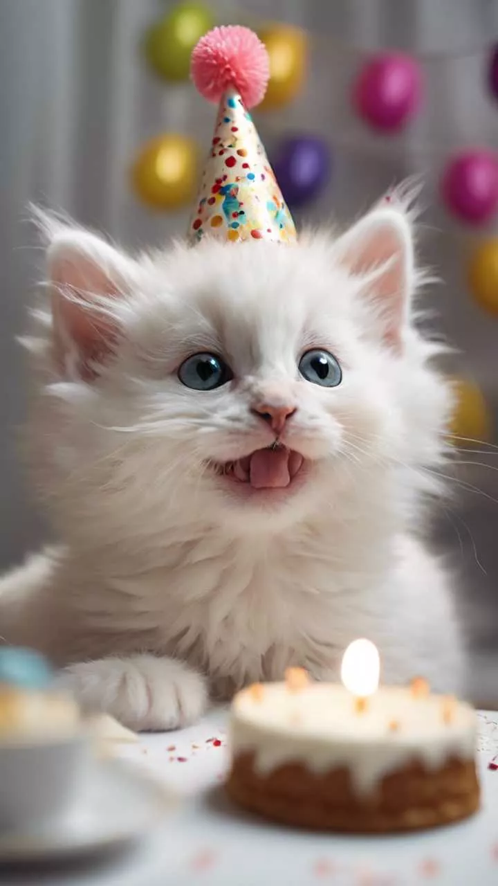 white kitten wearing a tiny party hat