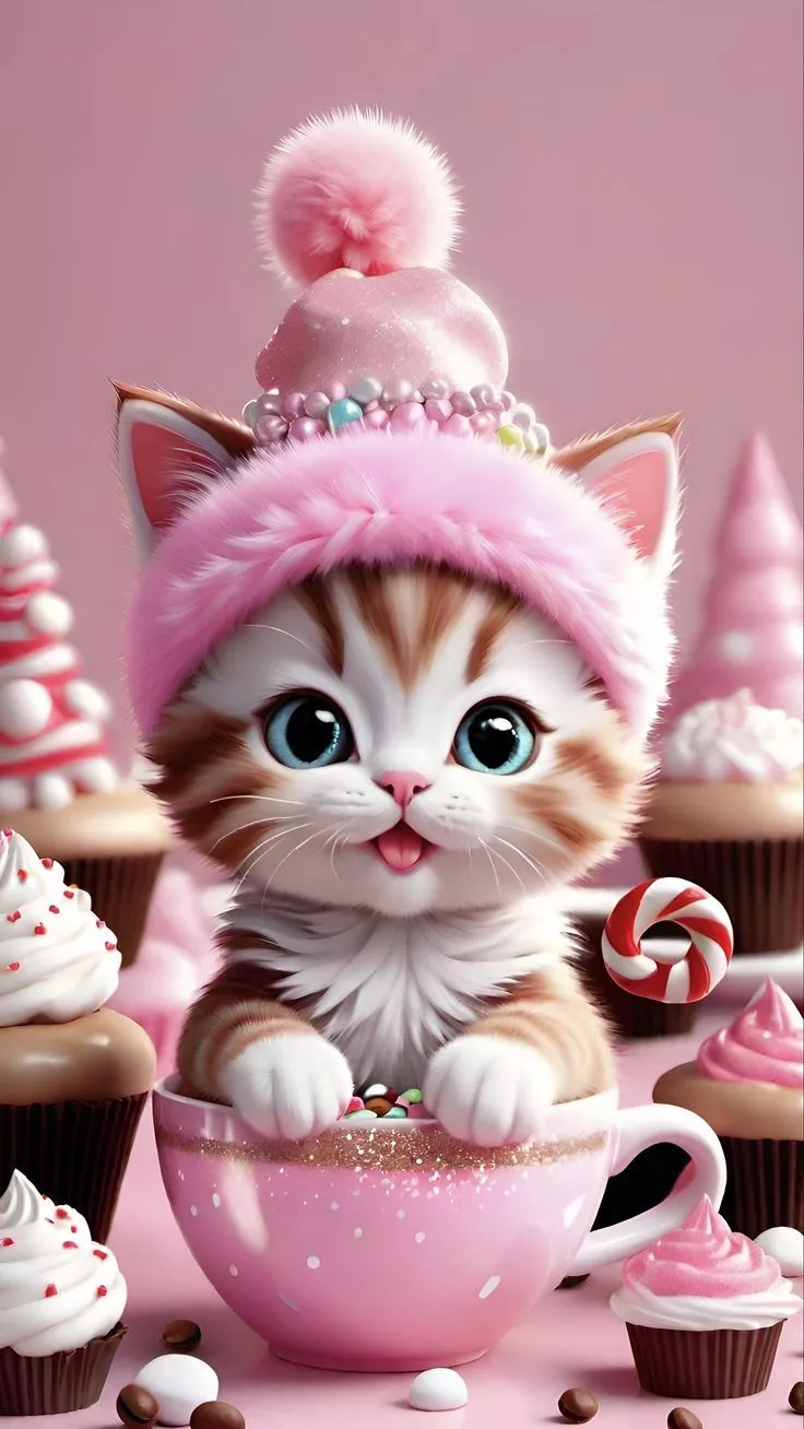 Wallpaper kitten, cup, sweets, hat