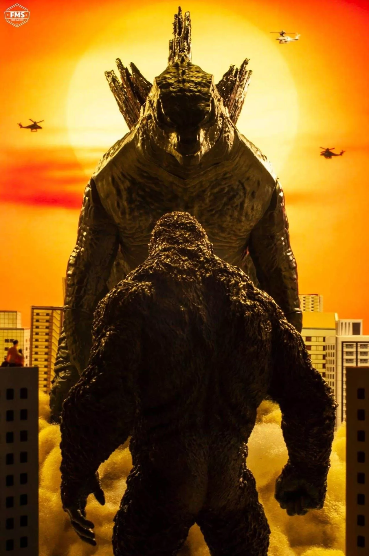 Godzilla Vs Kong Battling During Sunset