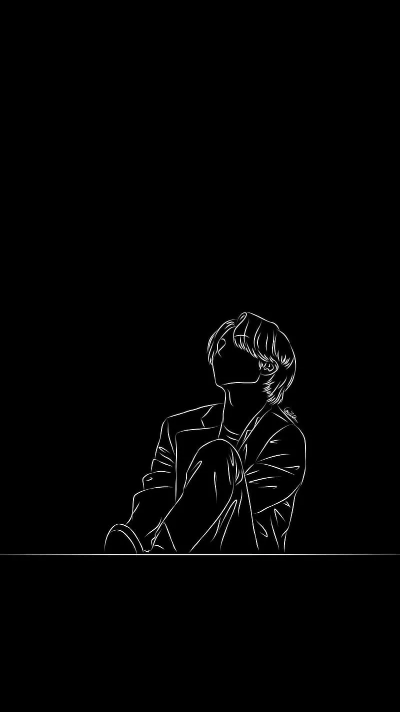 Black Line Art, Boy Sitting, art work