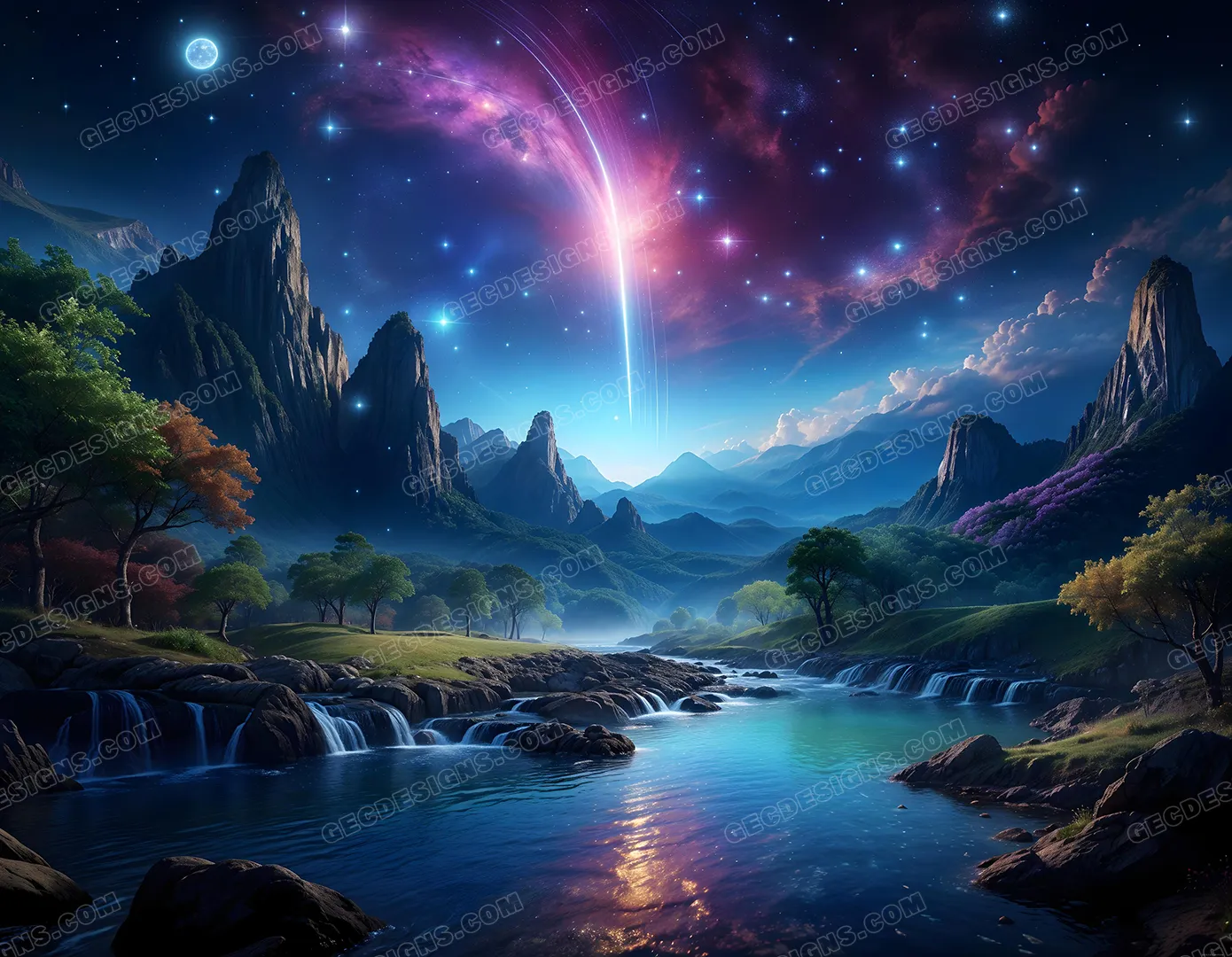 neon night background, beautiful forest