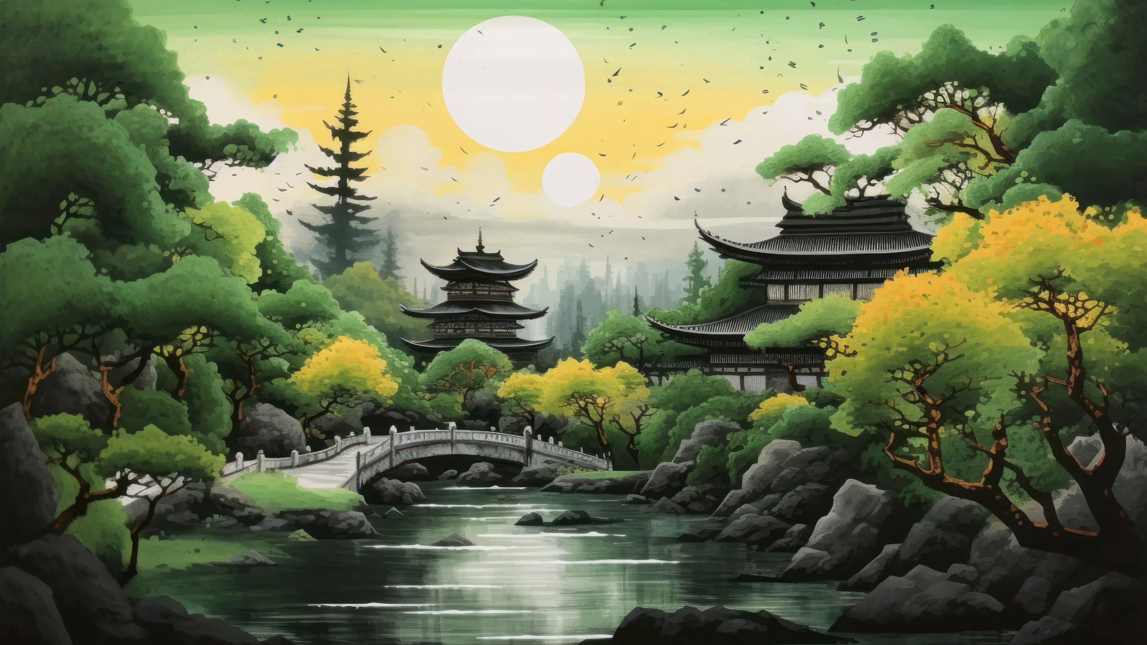 Japanese Forest Painting 4K Wallpaper