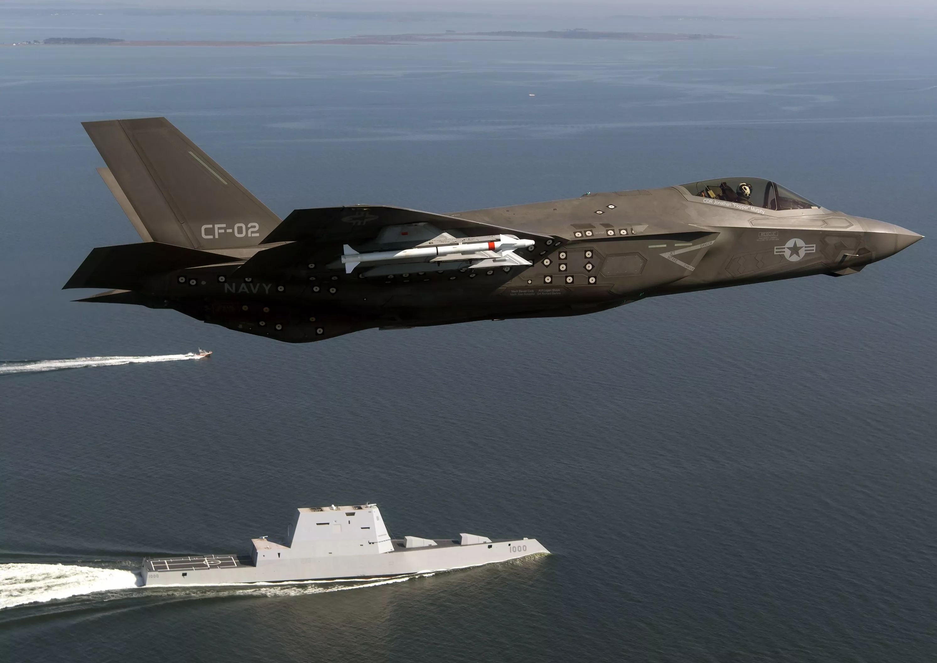 F 35 Lightning II Above USS Zumwalt