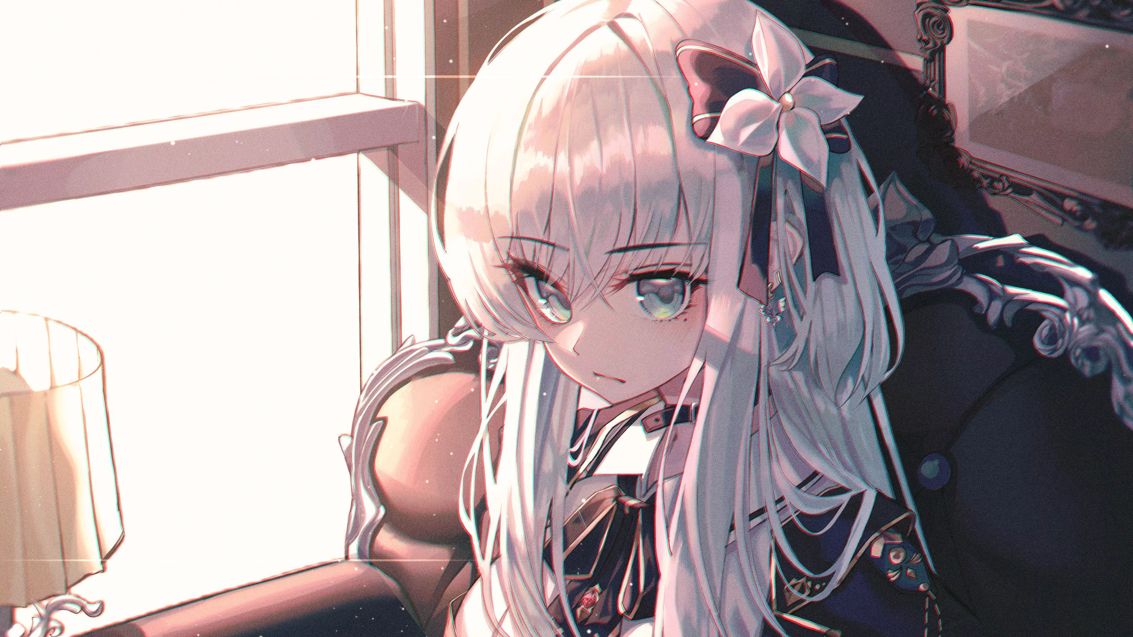 Girl Flower White Hair Black Uniform 4K