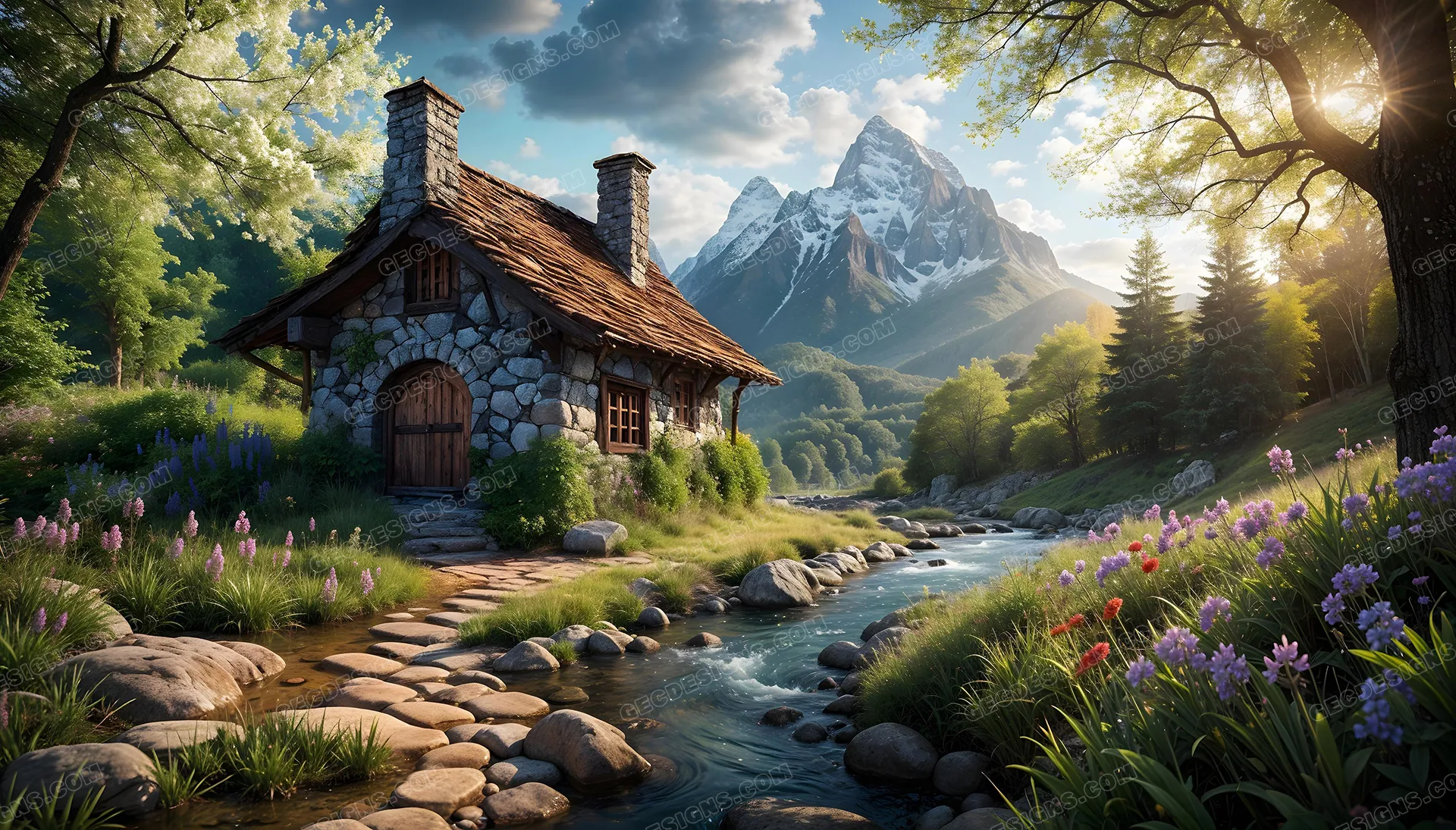 Fantasy stone house in a spring forest