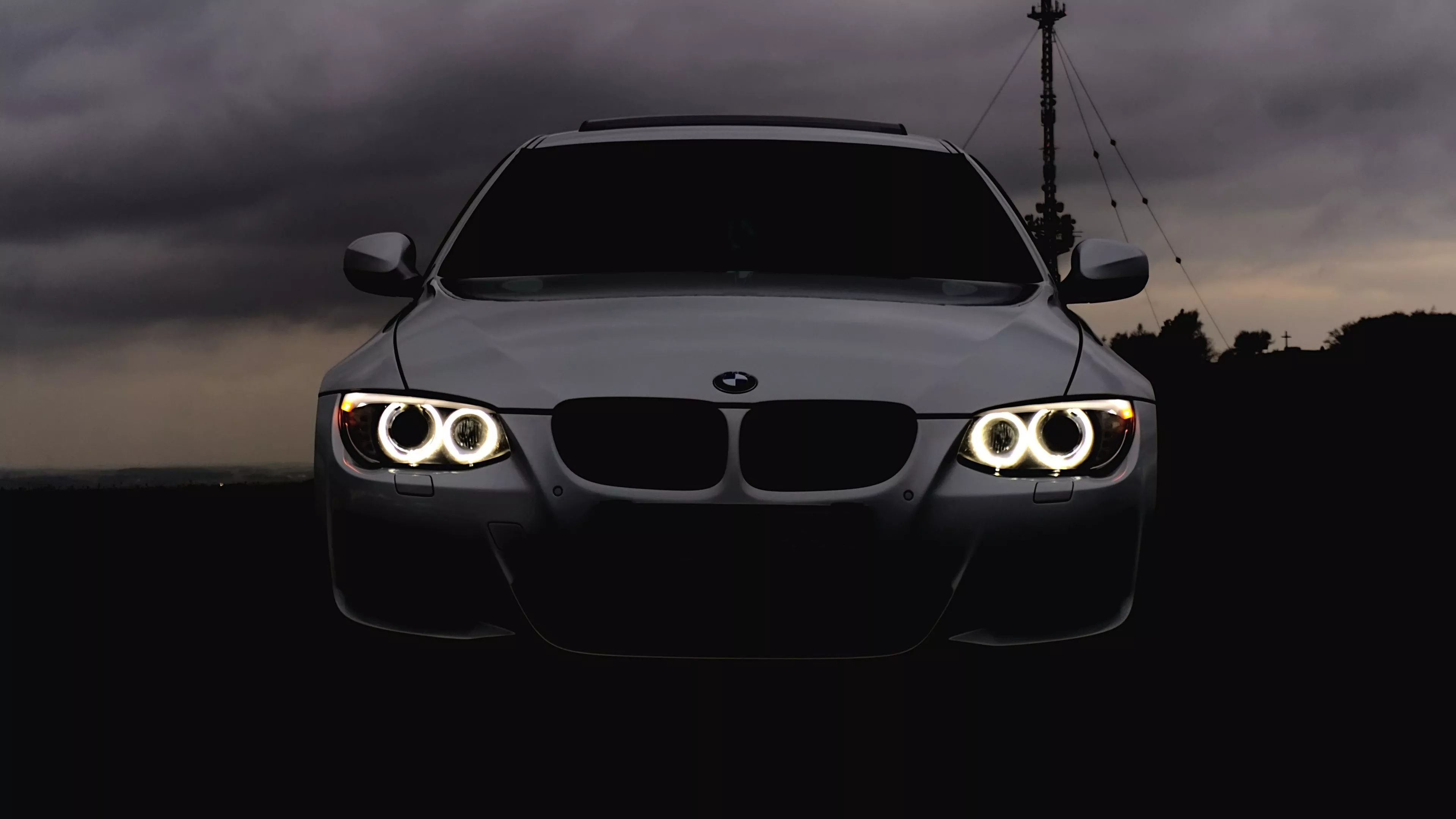 bmw, headlights, car, cloudy, overcast