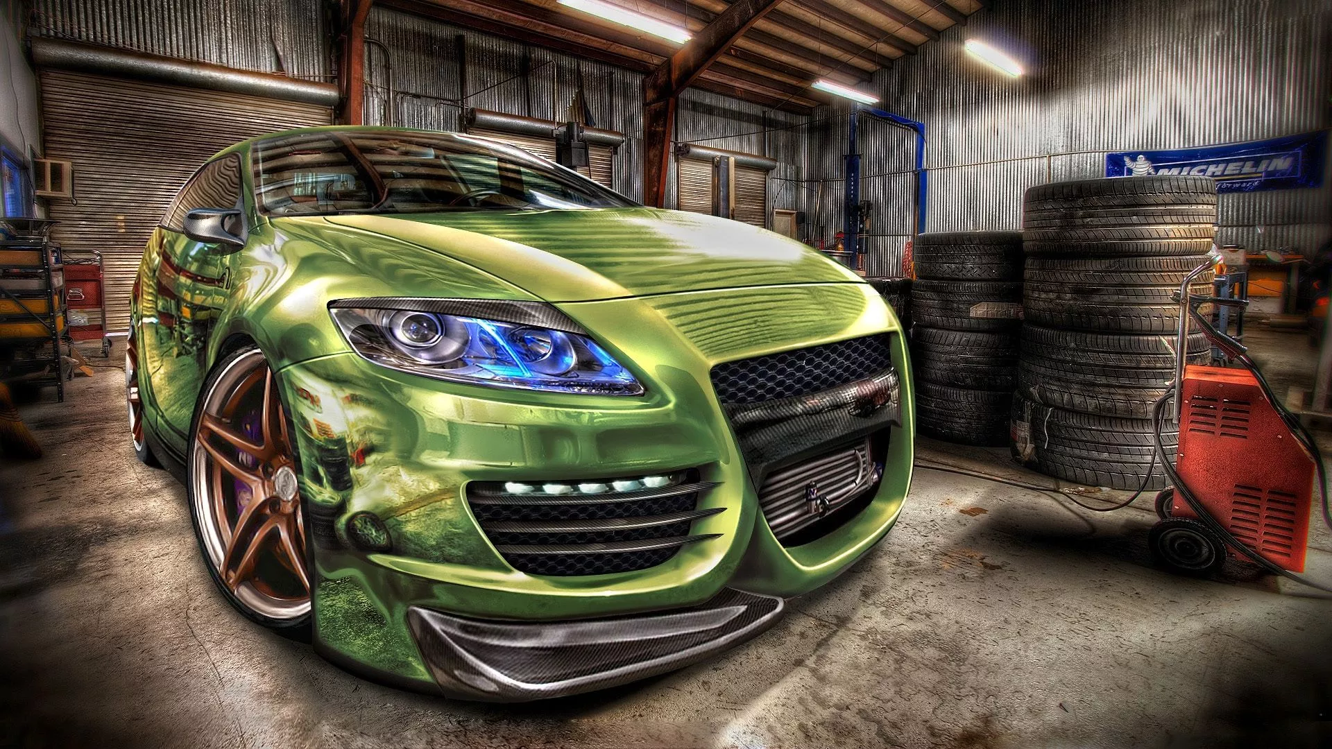 Garage, Fisheye, Honda, Green Car, Hdr