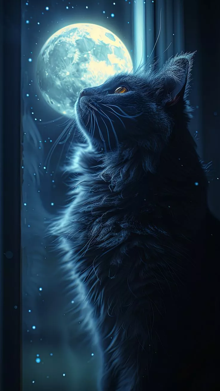 Cat Gazing at Full Moon in Evening