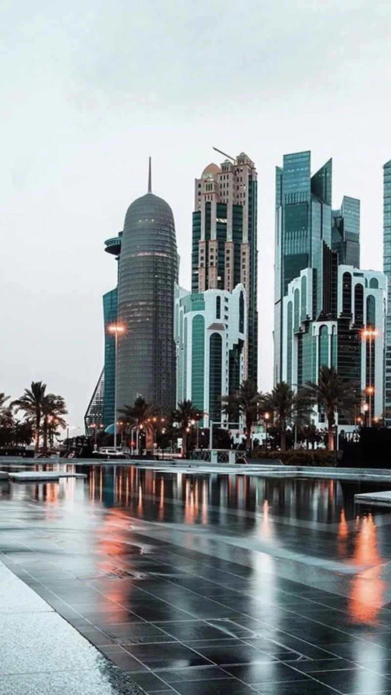 Beauty of Building, city, doha, qatar, rain, rainy day, reflection, state, west bay, HD phone wallpaper