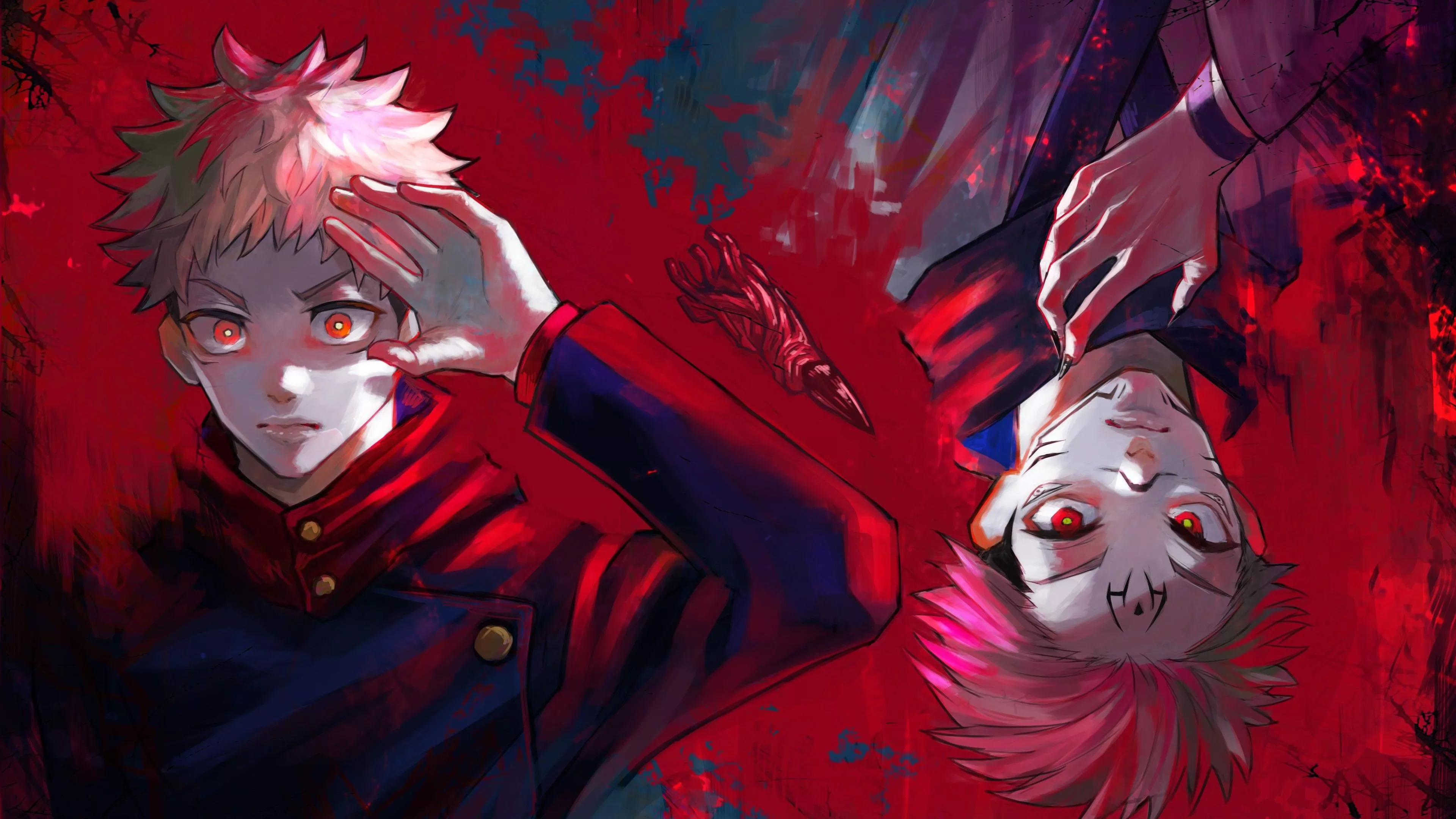 Sukuna Yuji Itadori Pink Hair Red Eyes