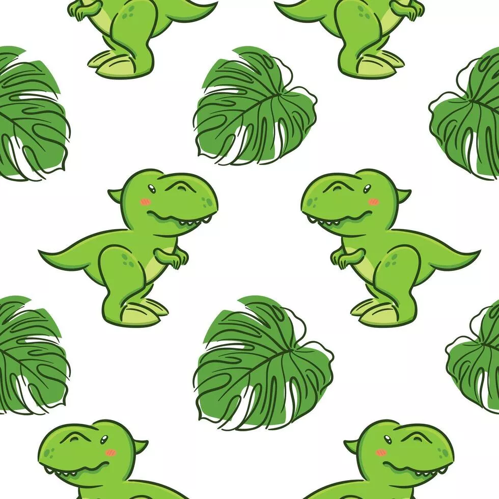 Cute Tyrannosaurus Rex In Asian Kawaii Style And Monstera Leaves Seamless Pattern. Dinosaur T Rex, Prehistoric Lizard. Cartoon Character Funny Illustration For Wallpaper, Fabric, Wrapping, Background
