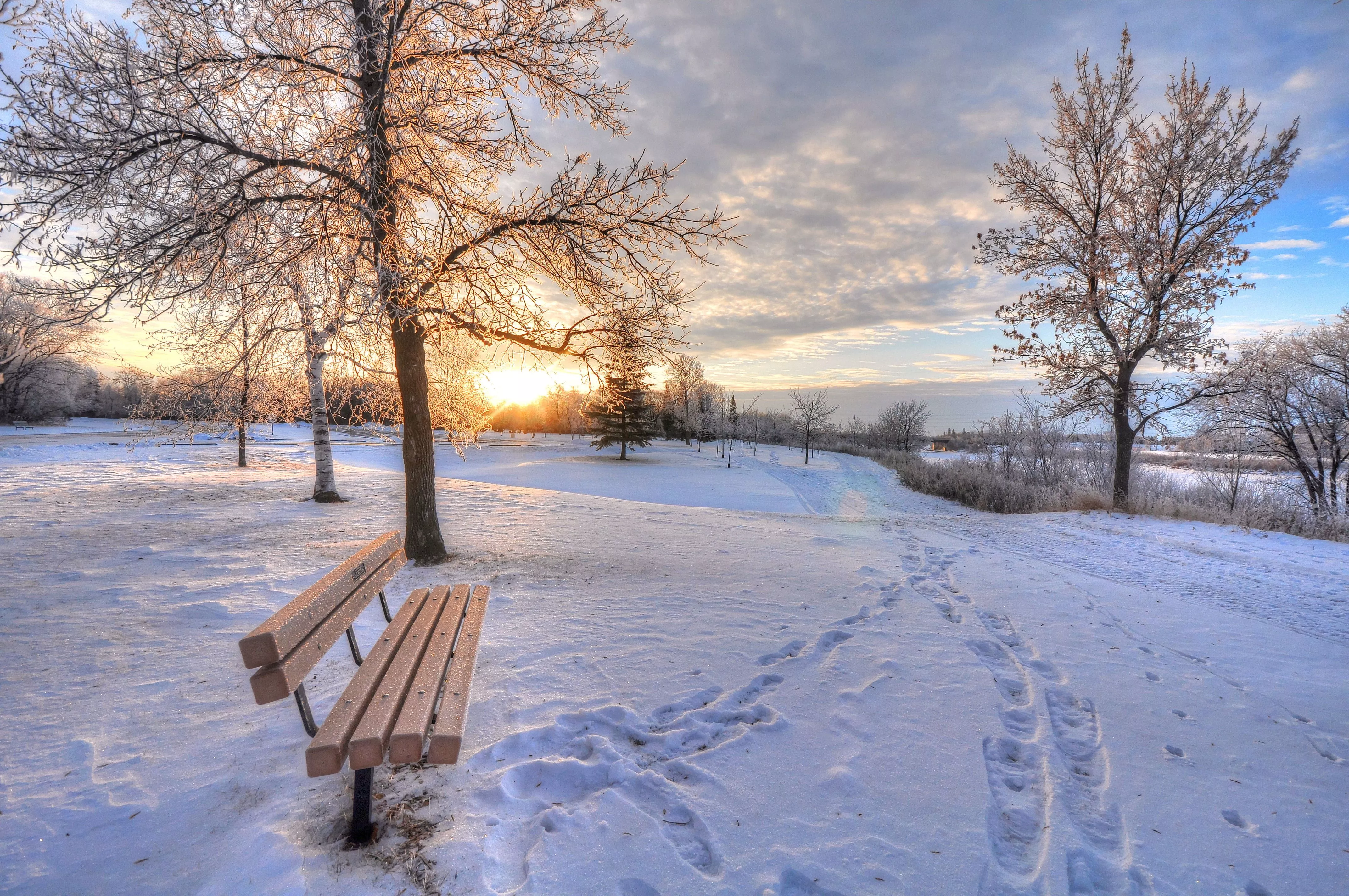 Brown wooden bench snow weather HD