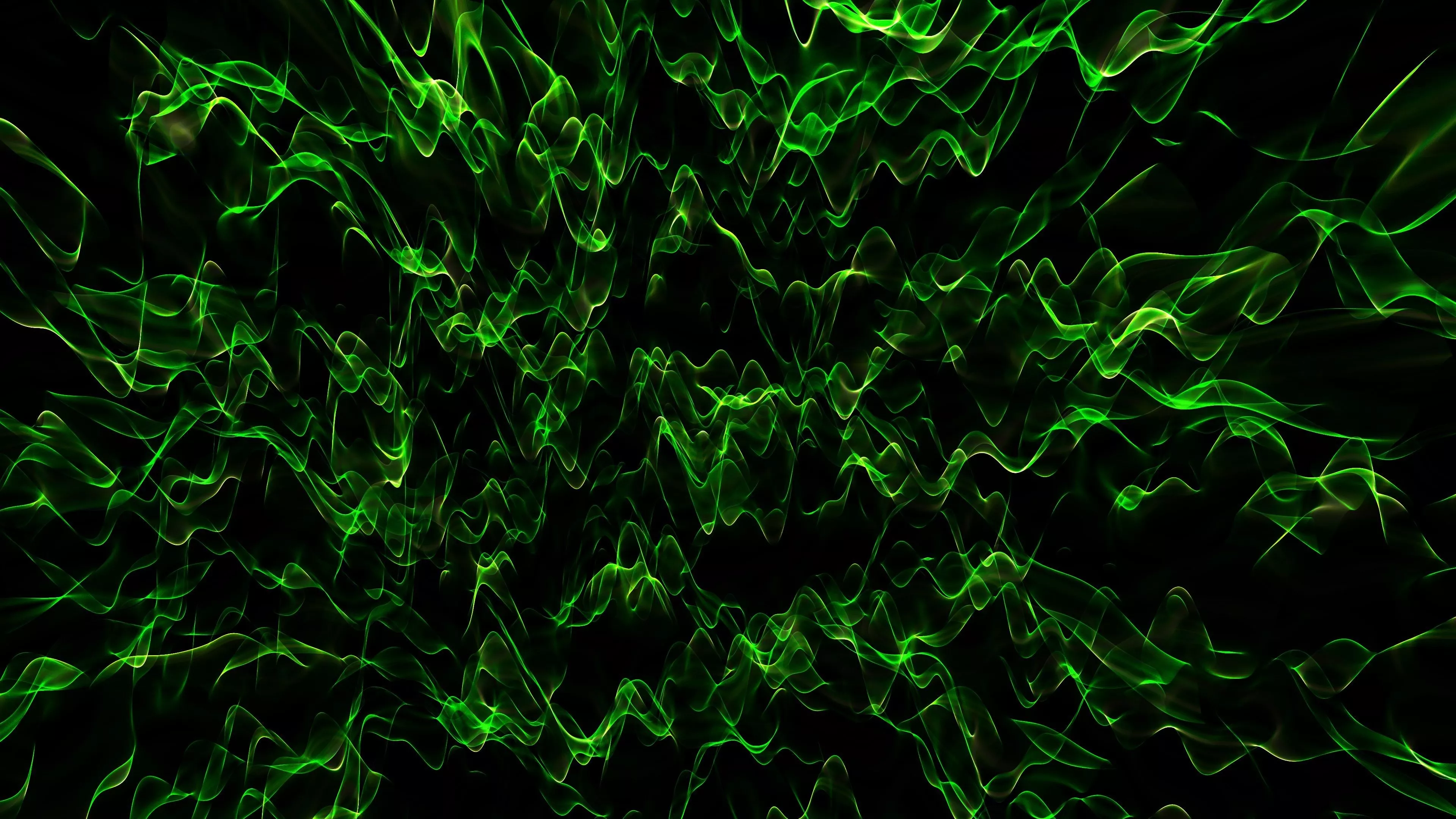 Green Waves Transparent Abstraction Black Background 4K HD Abstract Wallpaper