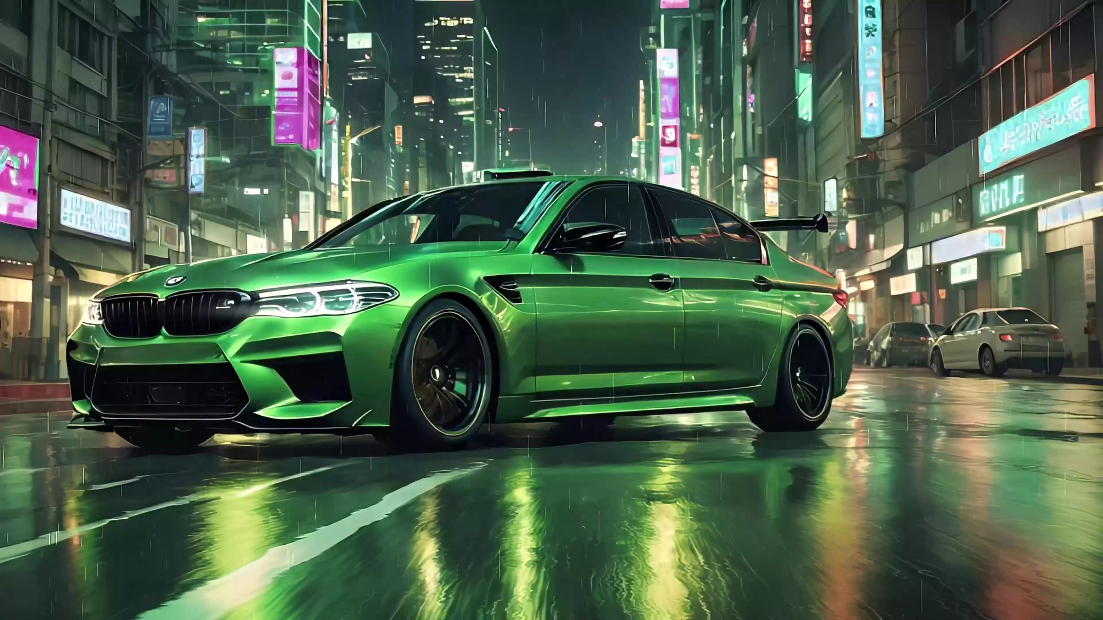 Green BMW M5 in Night City Live Wallpaper