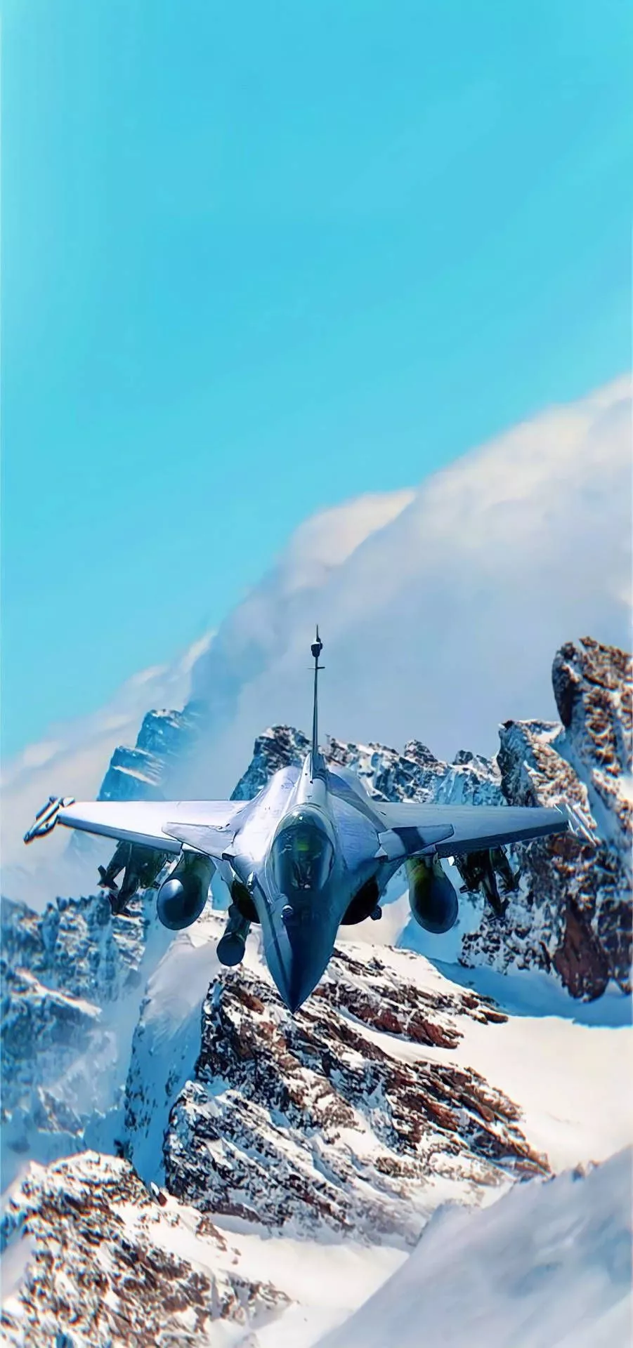 Fighter Jet Over Snow Capped Mountains