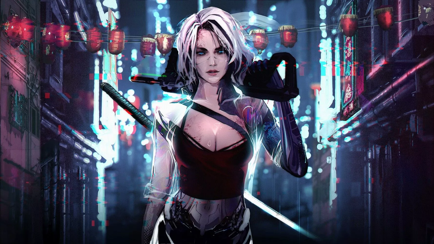 japanese sword, katana, cyborg, white