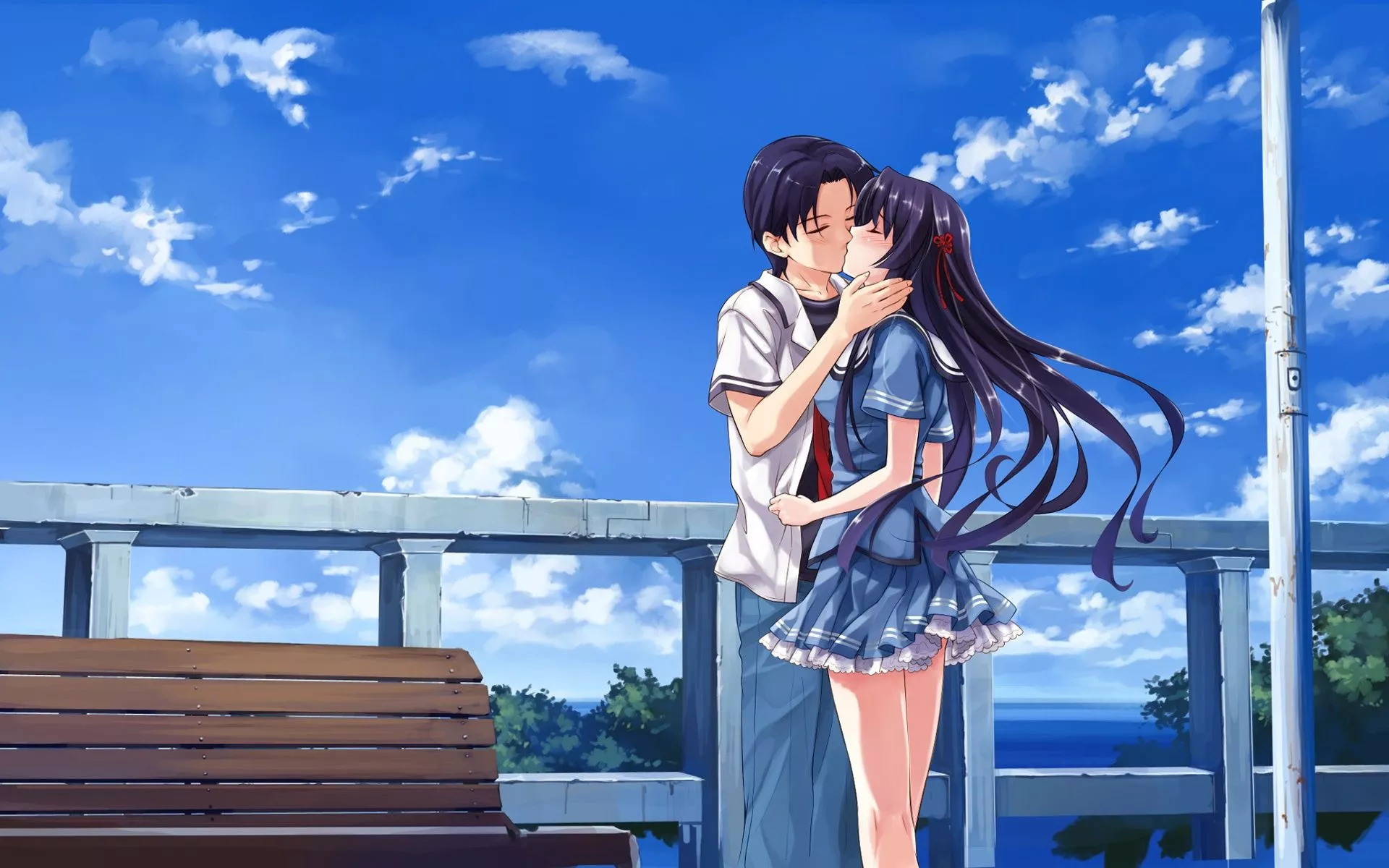 Wallpaper the sky, girl, kiss, anime