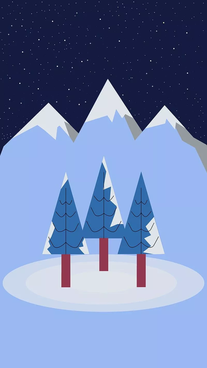 Minimal Winter Night, blue, mountain, mountains, night, sky, snow, stars, trees, HD phone wallpaper