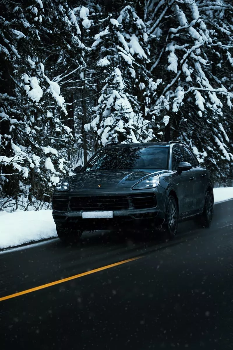 Porsche cayenne, porsche, car, black, road, snow, winter, HD phone wallpaper