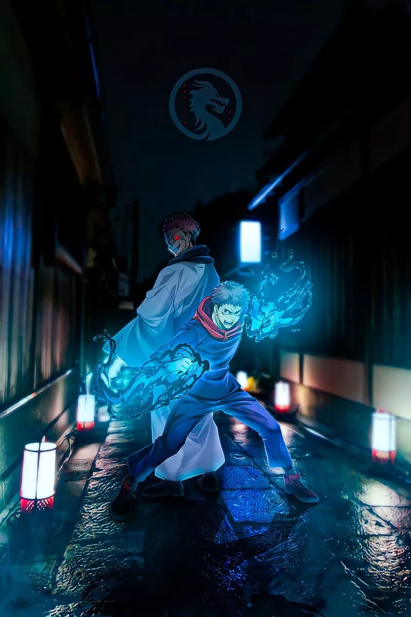 Yūji Itadori x Sukuna, electric blue, art, jujutsukaisen, anime, HD phone wallpaper