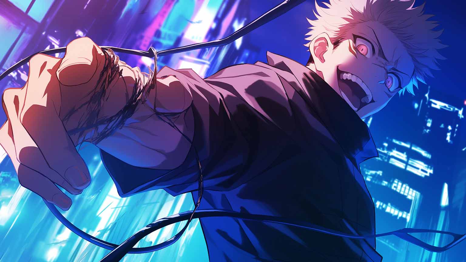 Sukuna Neon City Dark Desktop Wallpaper