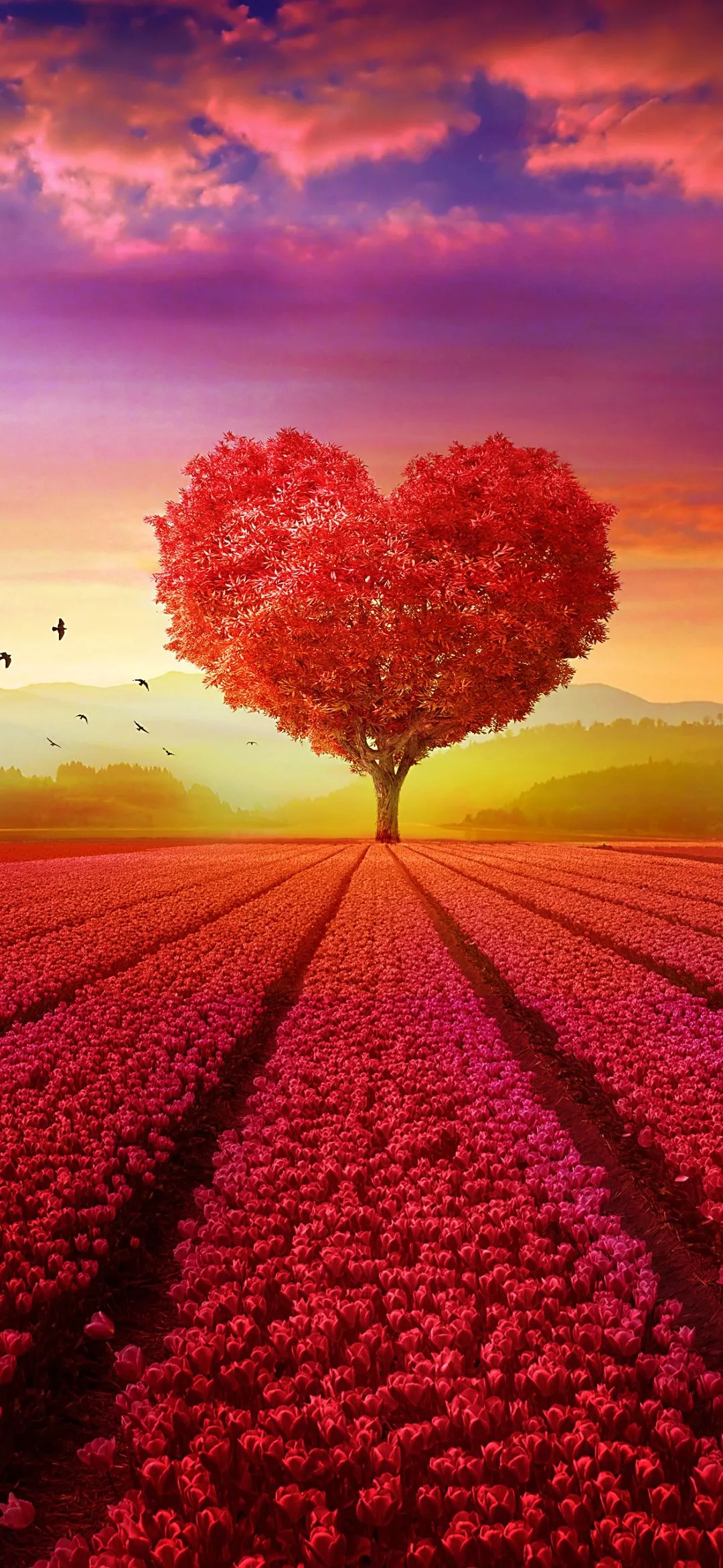 Heart tree Wallpaper 4K, Flower garden