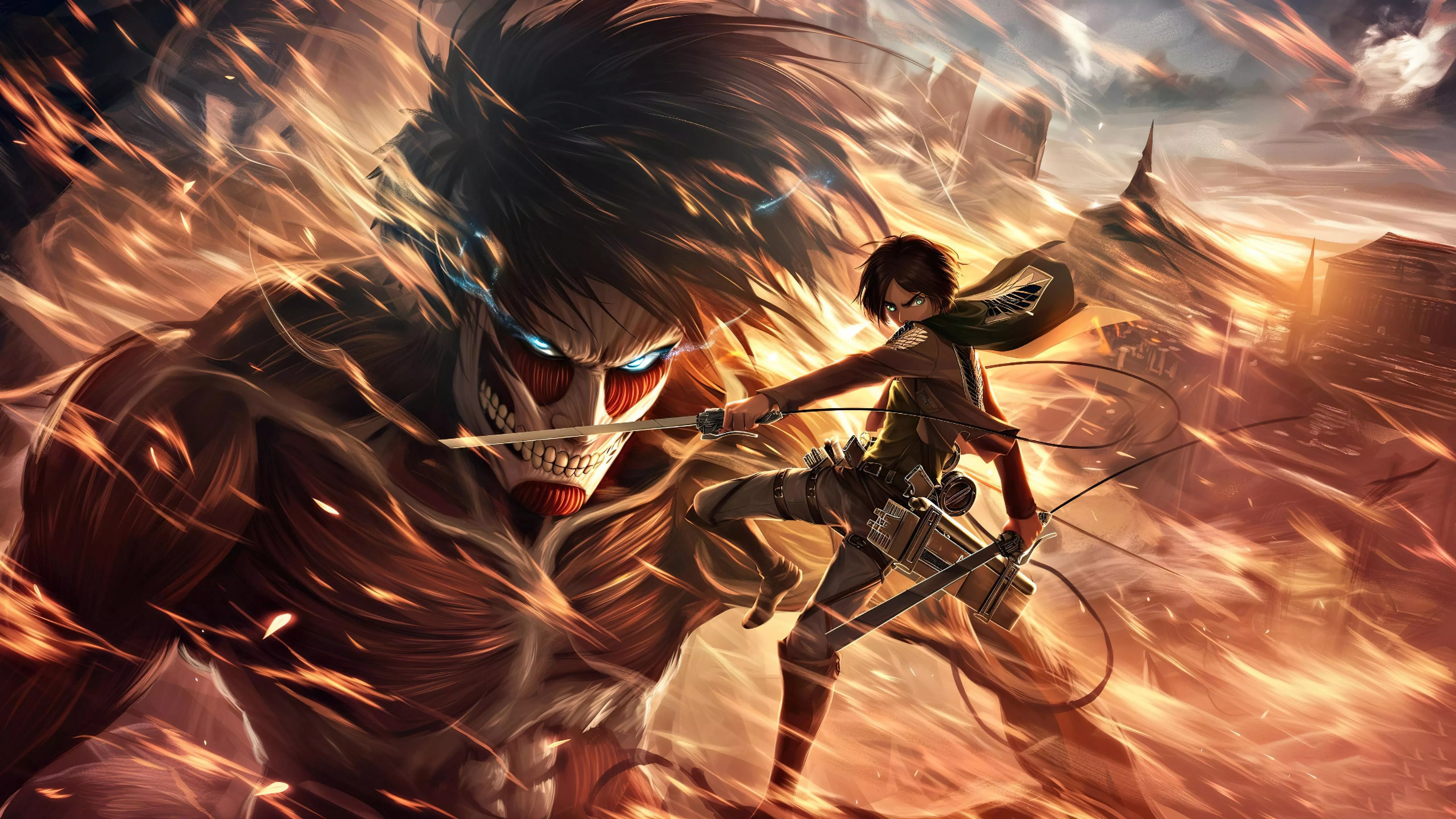 Shingeki no Kyojin Wallpaper 4K, Eren Yeager, Mikasa Ackerman, 5K