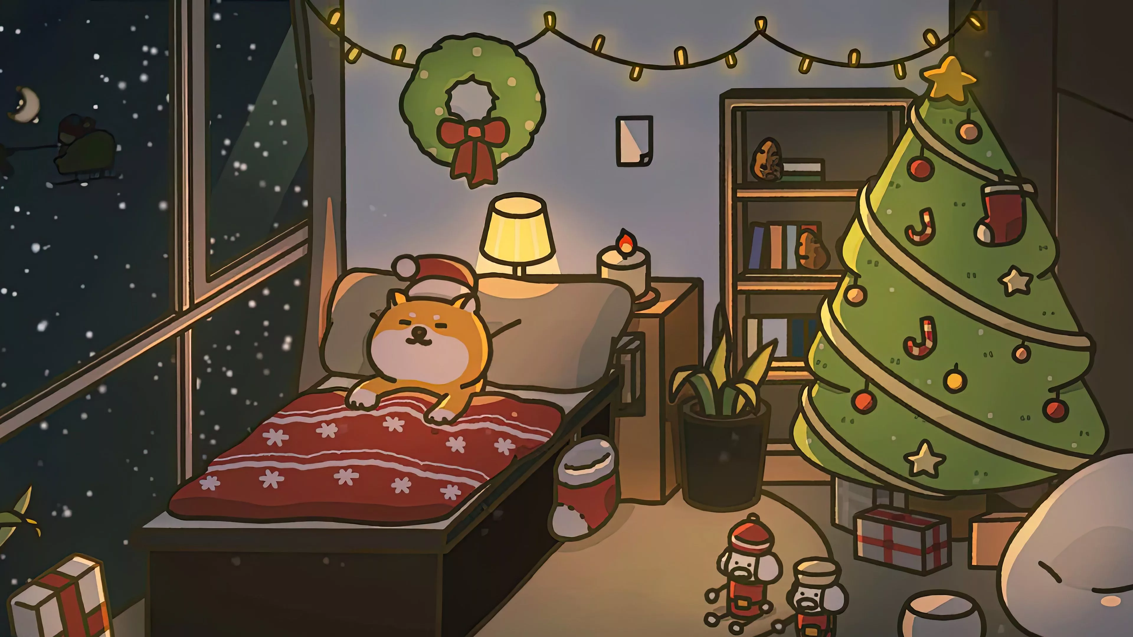 chill, shiba, sleeping, christmas, room