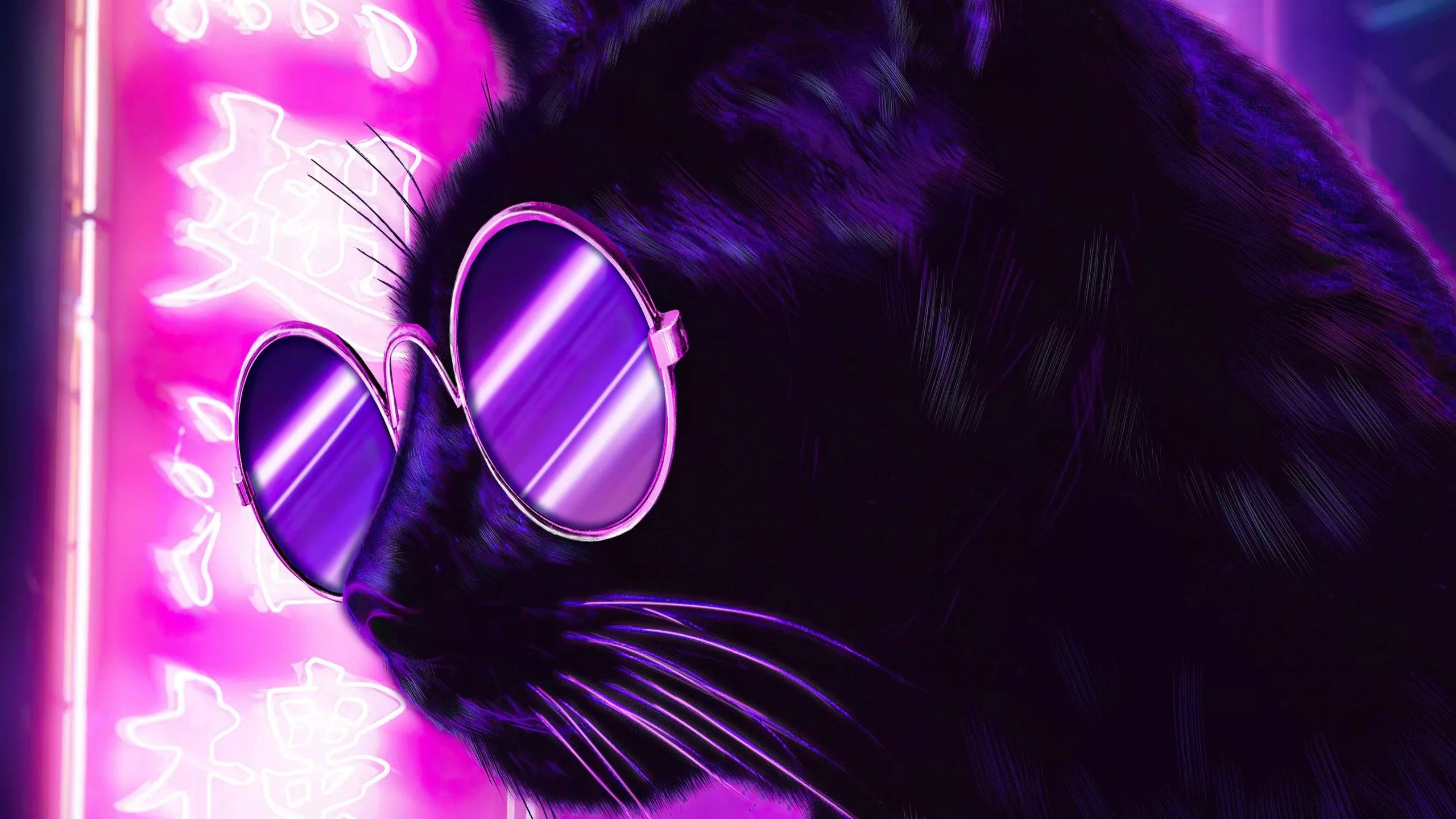 Neon Cat With Glasses Pink Lights