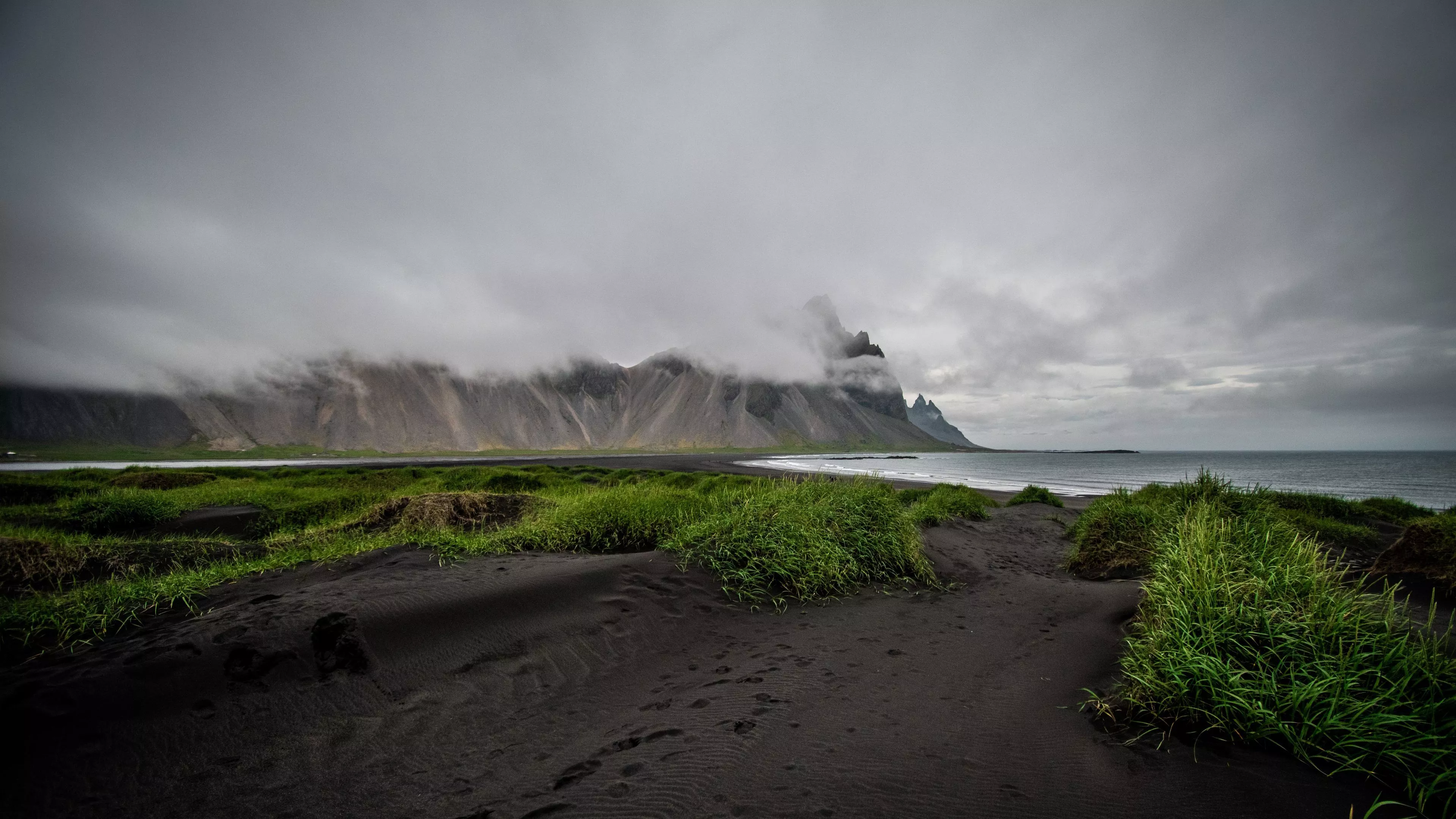 Fog Black Sand Grass Sea Coast Rocks