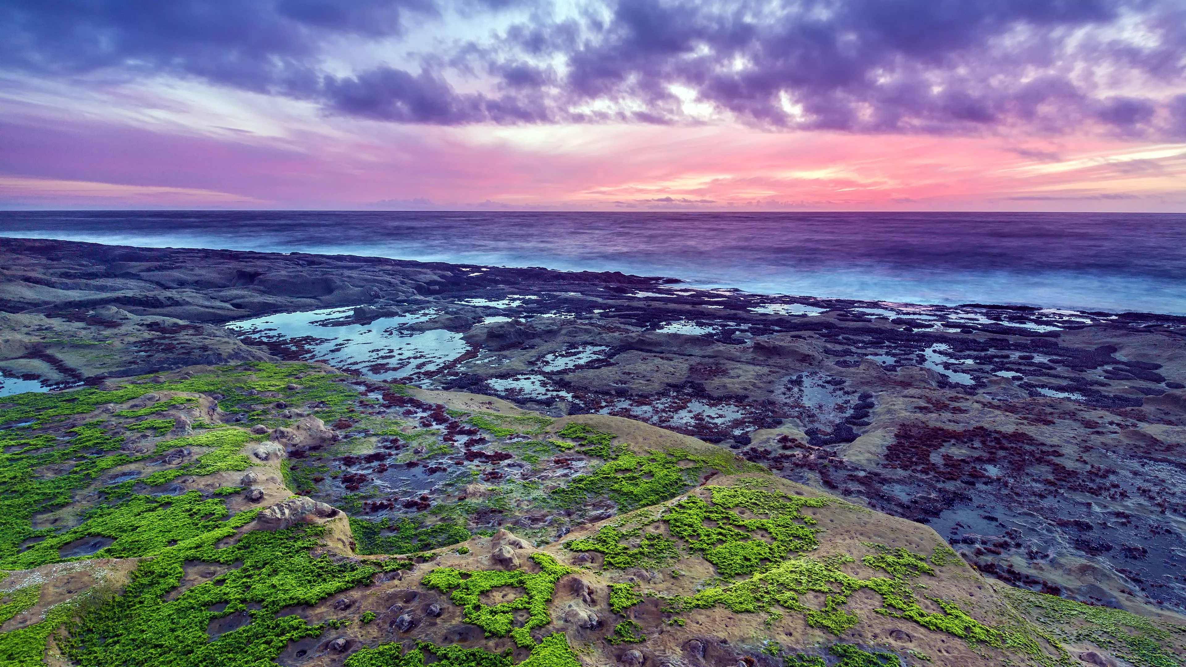 Wallpaper 4K, Seascape, Green Moss, Sunset
