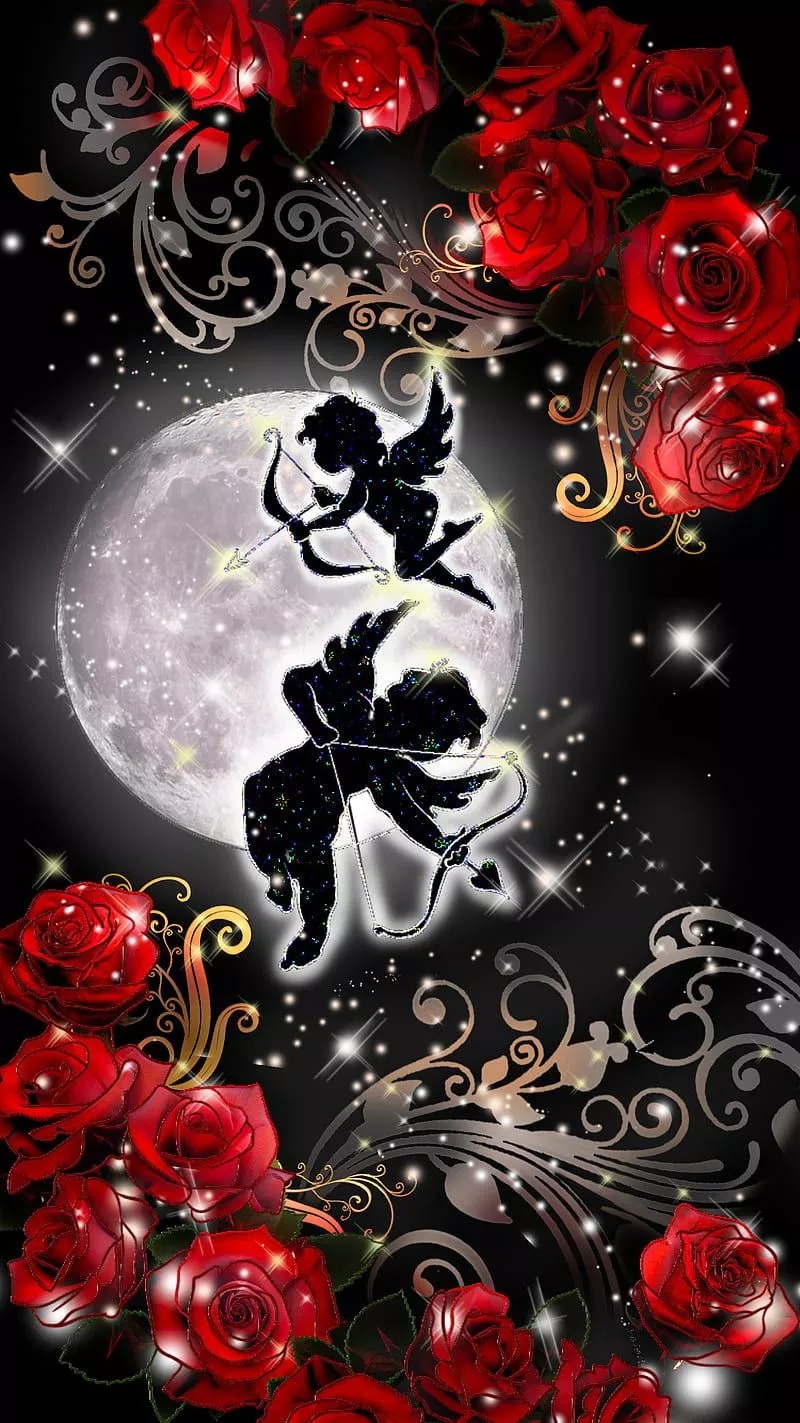 Midnight love, cupid, moon, rose, HD