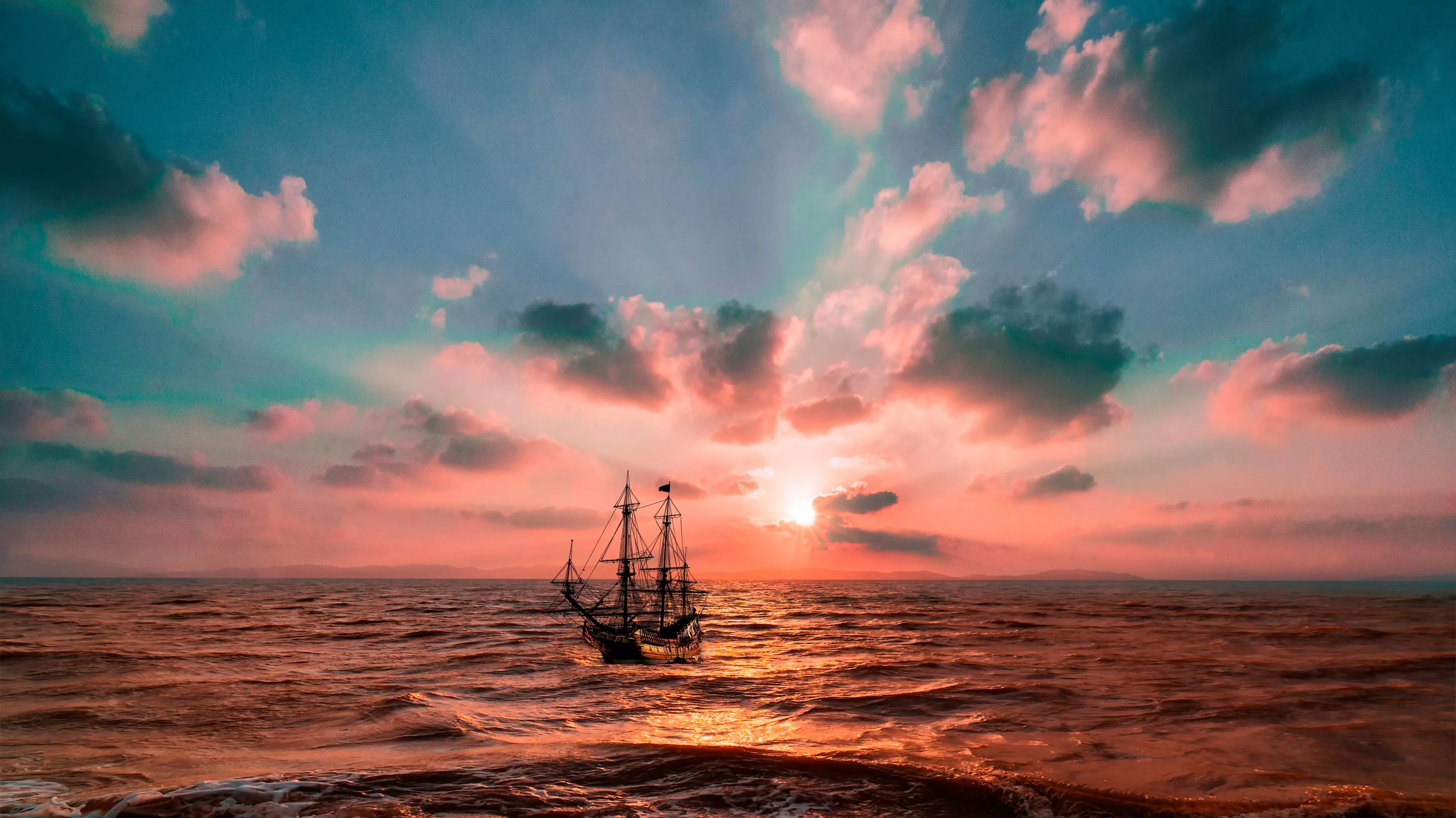 Sunset Wallpaper 4K, Ocean, Boat