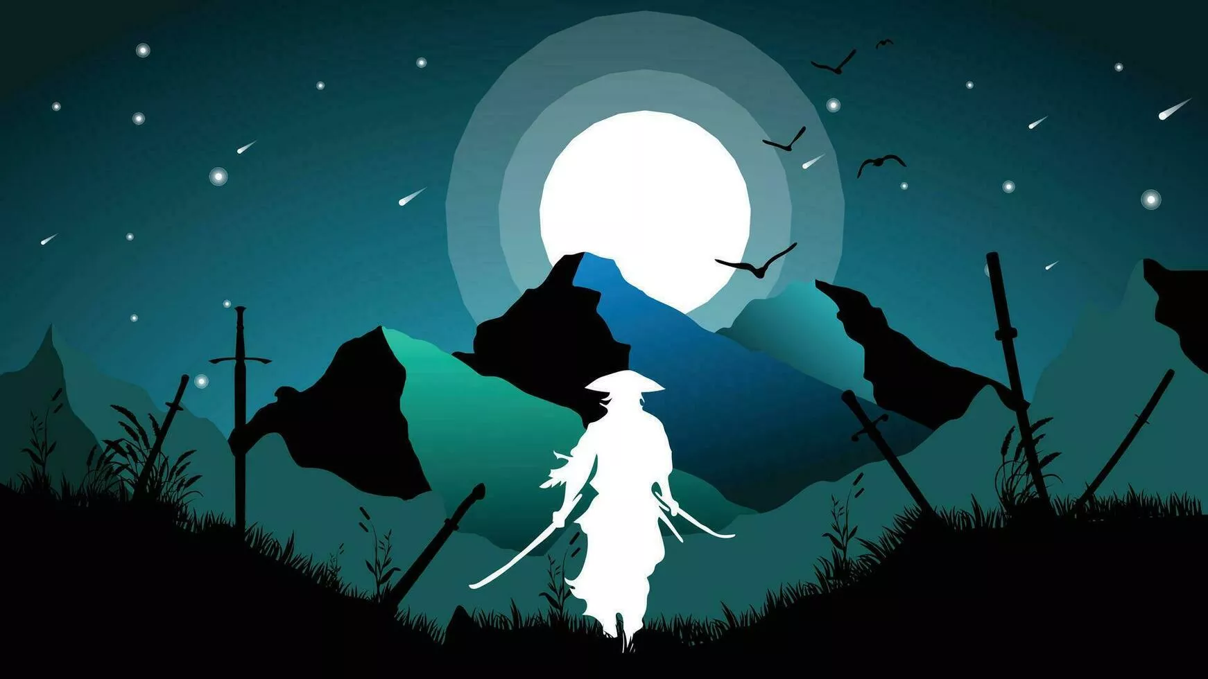Samurai wallpaper 4K desktop. samurai background. midnight vibe and full moon. landscape view illustration vector background