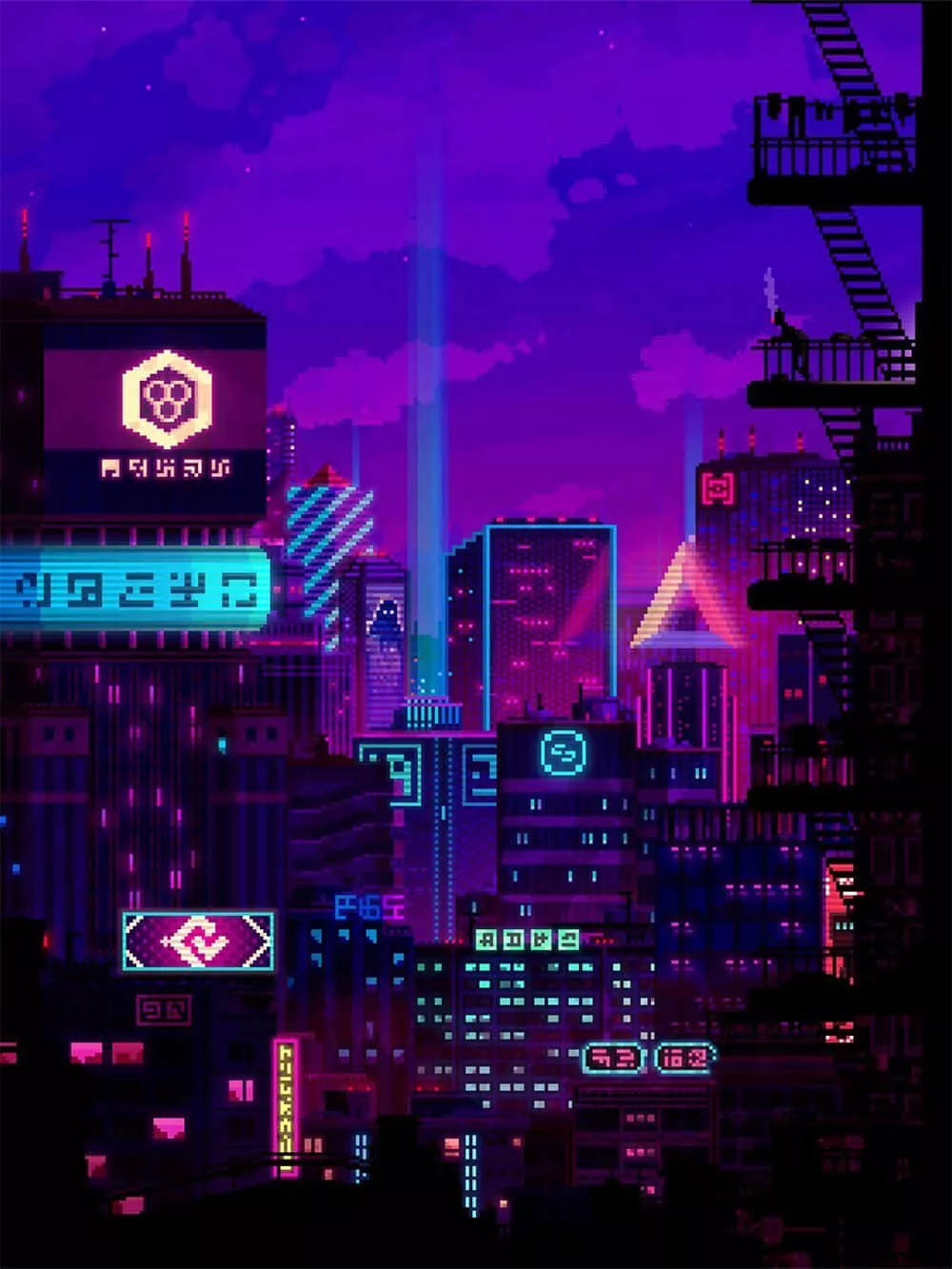 Cyberpunk Purple City Skies Pixel Art