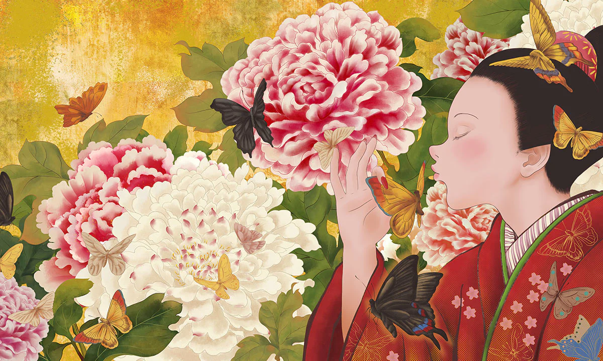 Elegant Japanese Peony Butterfly Mural