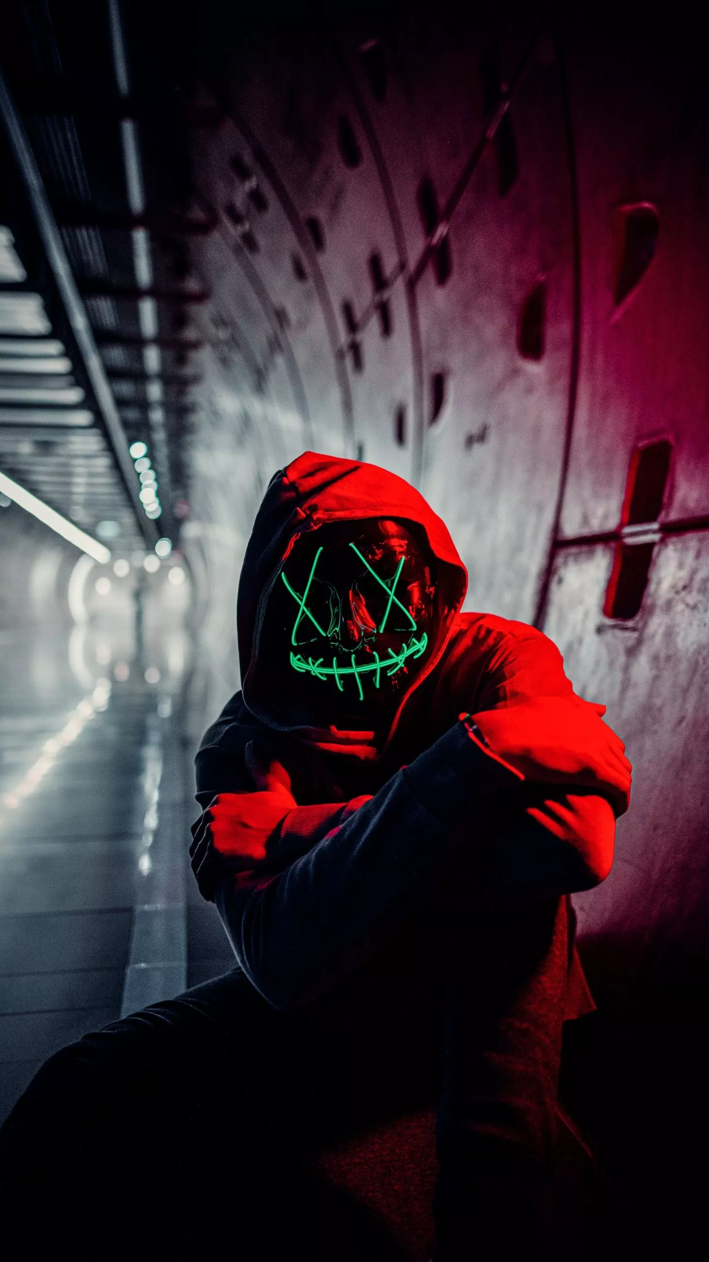 Neon Mask Wallpaper 4K, Red Hoodie