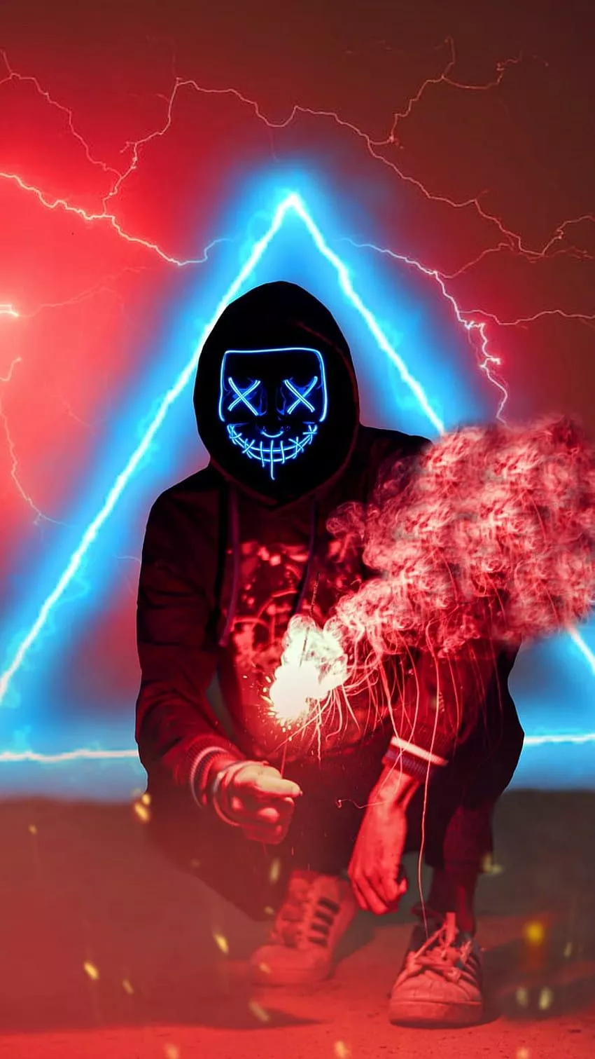 Neon mask, red, art, smoke HD phone